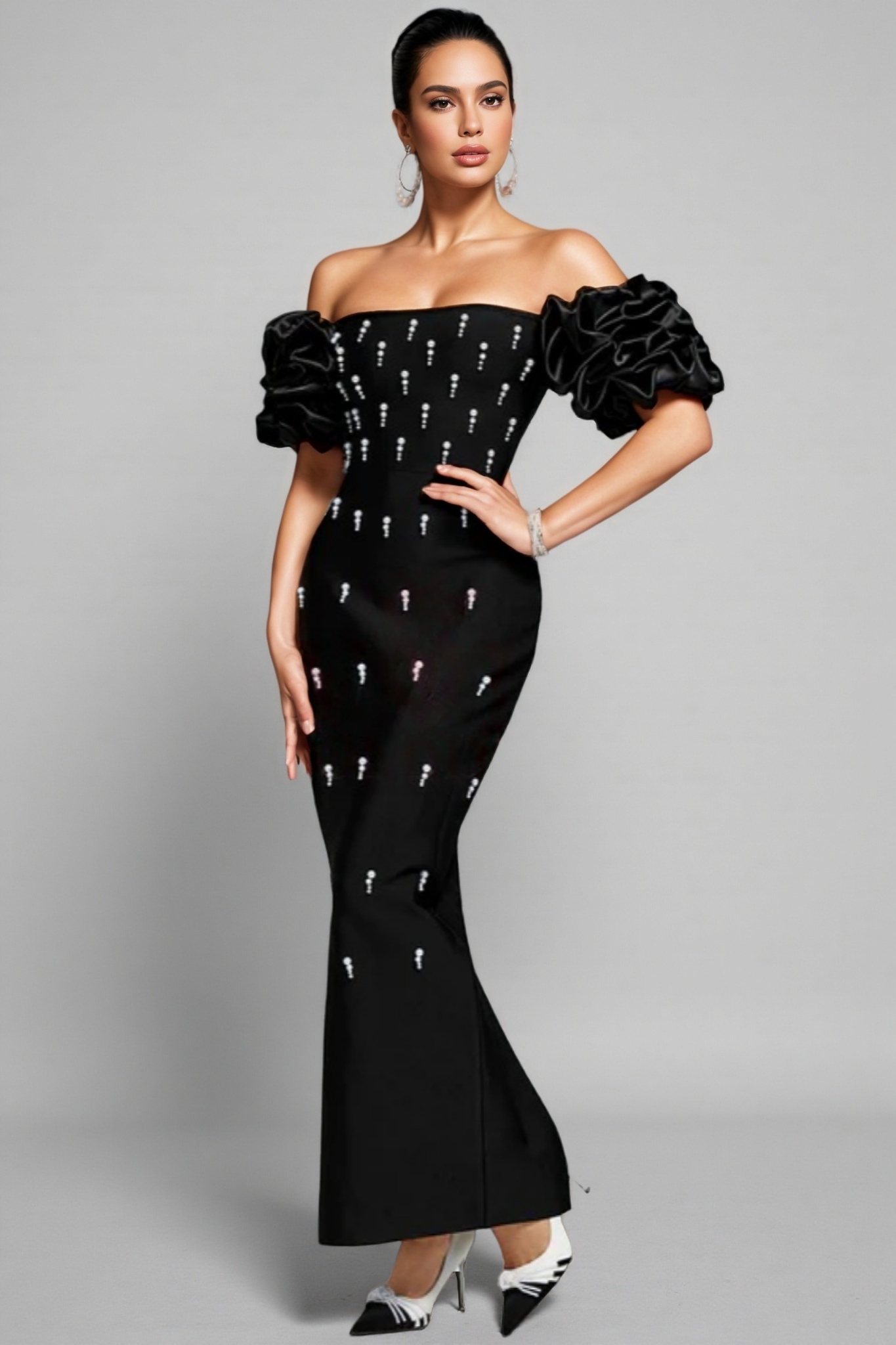 Helesa Off Shoulder Pearl Bandage Maxi Dress