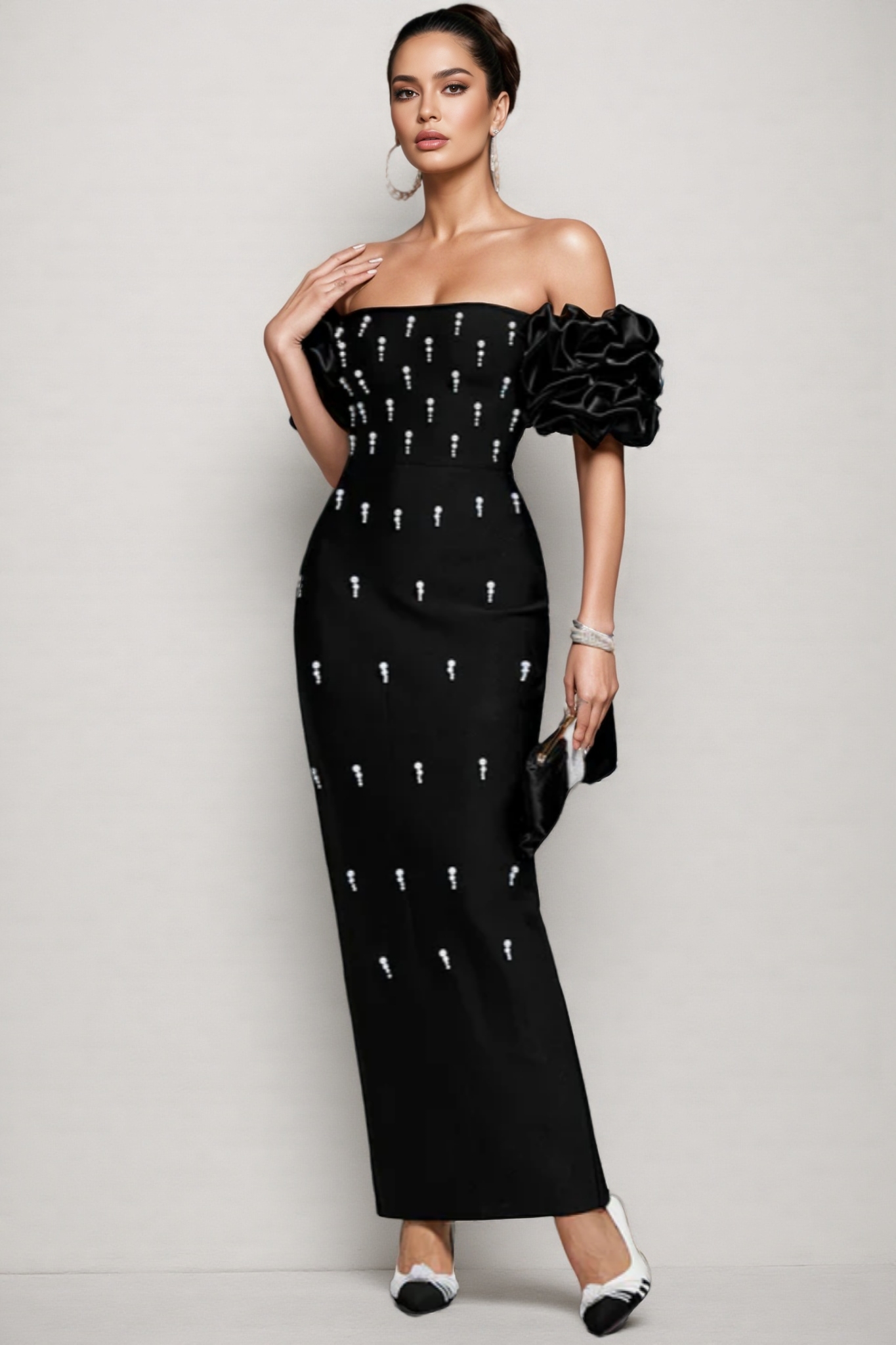 Helesa Off Shoulder Pearl Bandage Maxi Dress
