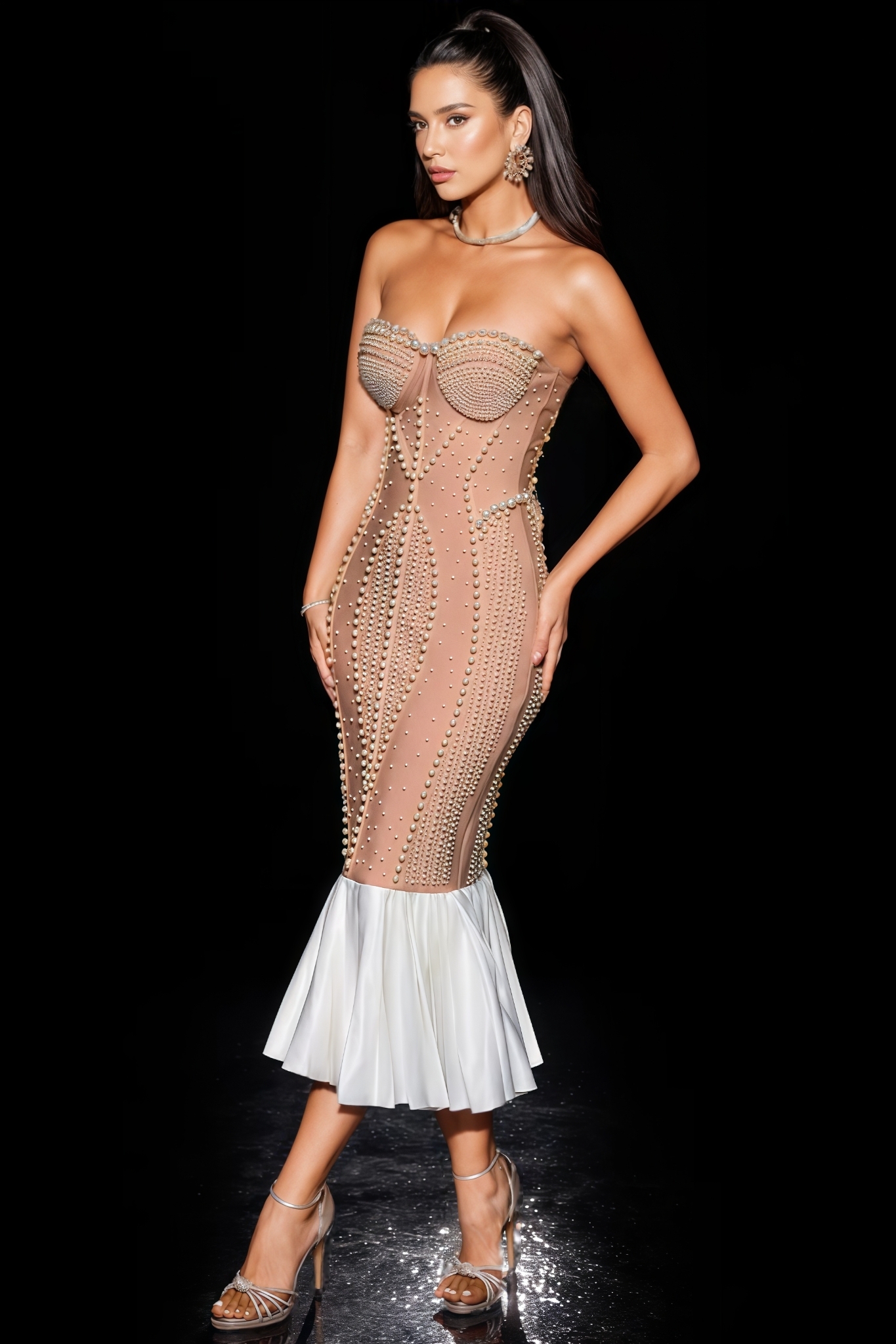Tylene Strapless Pleated Bandage Pearl Midi Dress