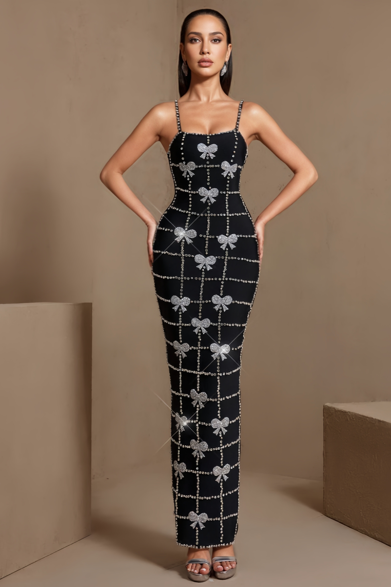 Oretrn Black Rhinestone Bow Bandage Maxi Dress