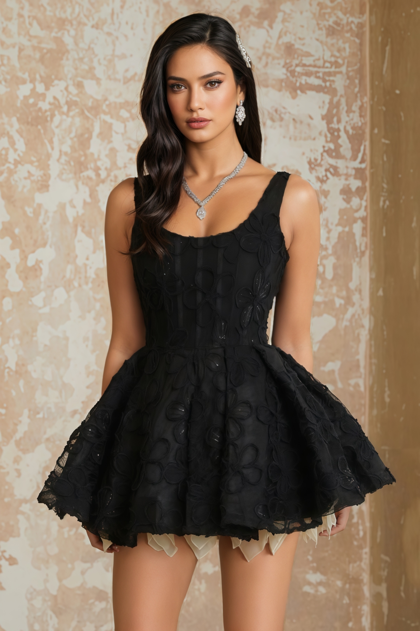 Daylty Black Floral Embroidered Mini Dress