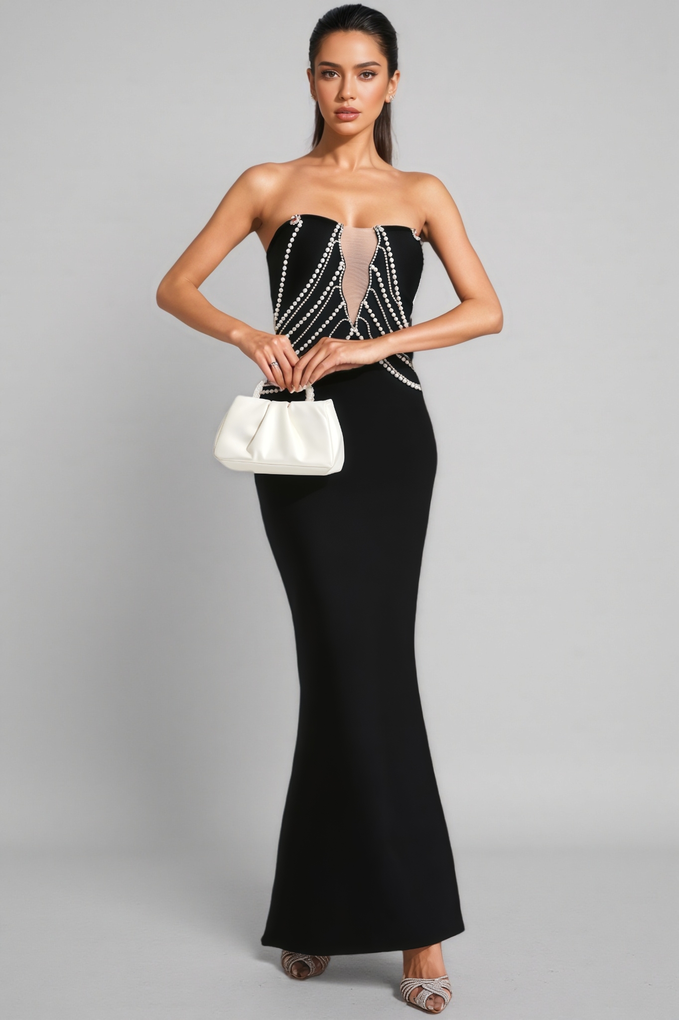 Vaughn Black Pearls Off Shoulder Maxi Dress