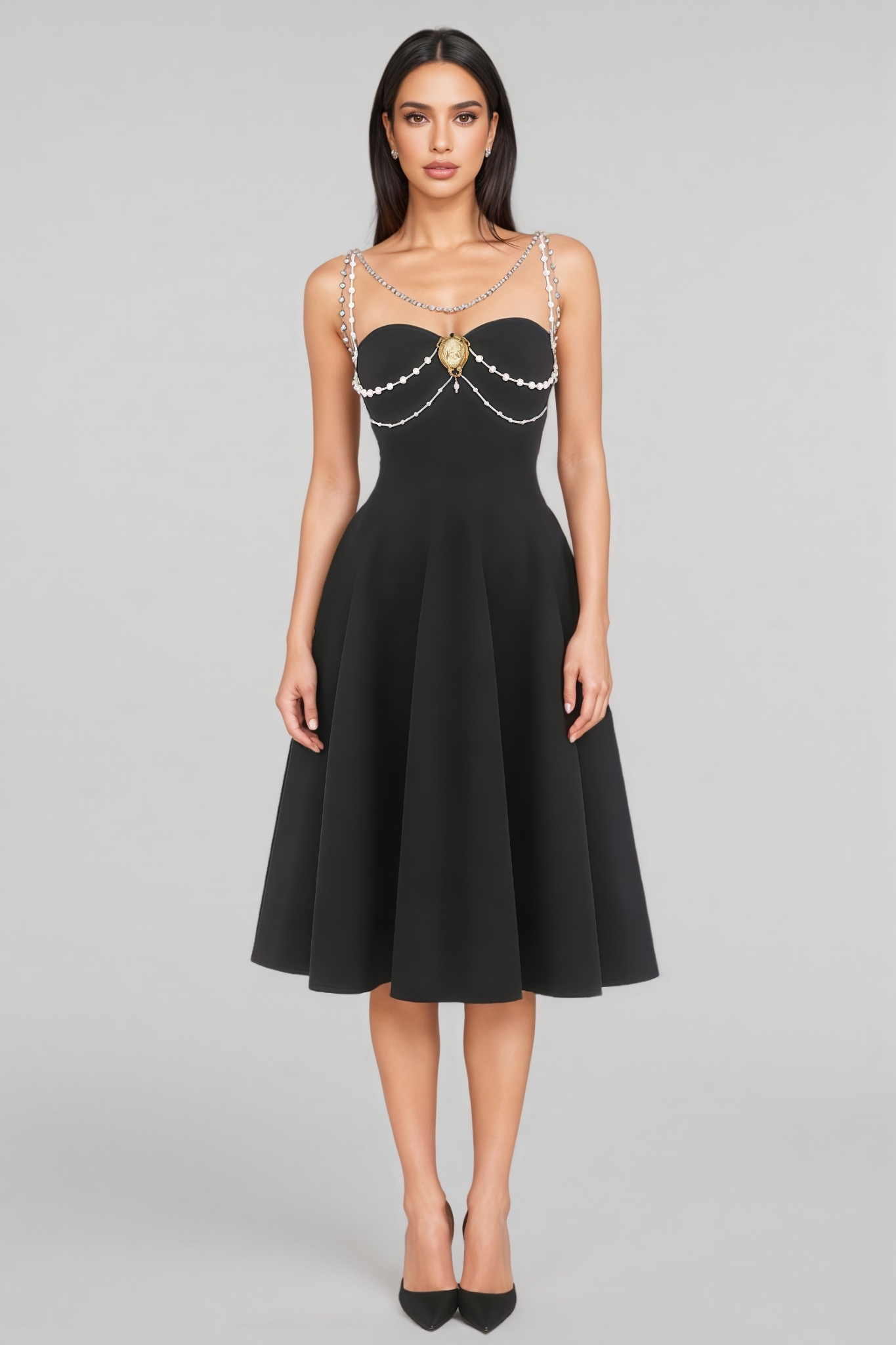 Esbern Black Pearl Chain Decor Midi Dress