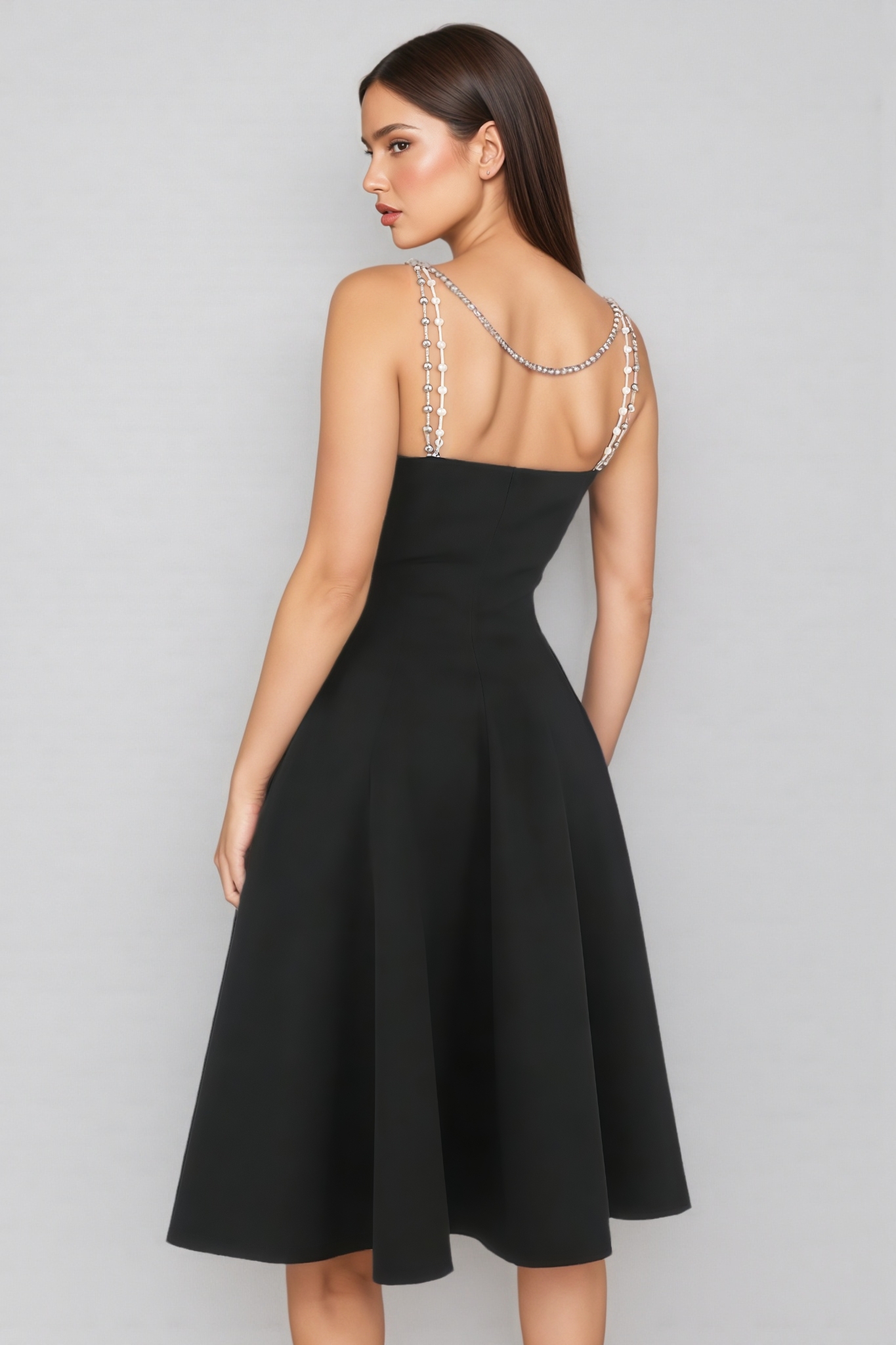 Esbern Black Pearl Chain Decor Midi Dress