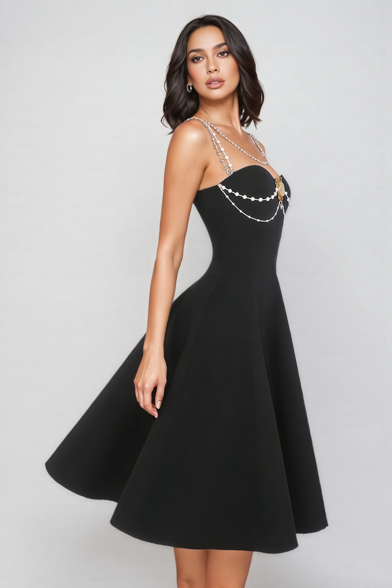 Esbern Black Pearl Chain Decor Midi Dress