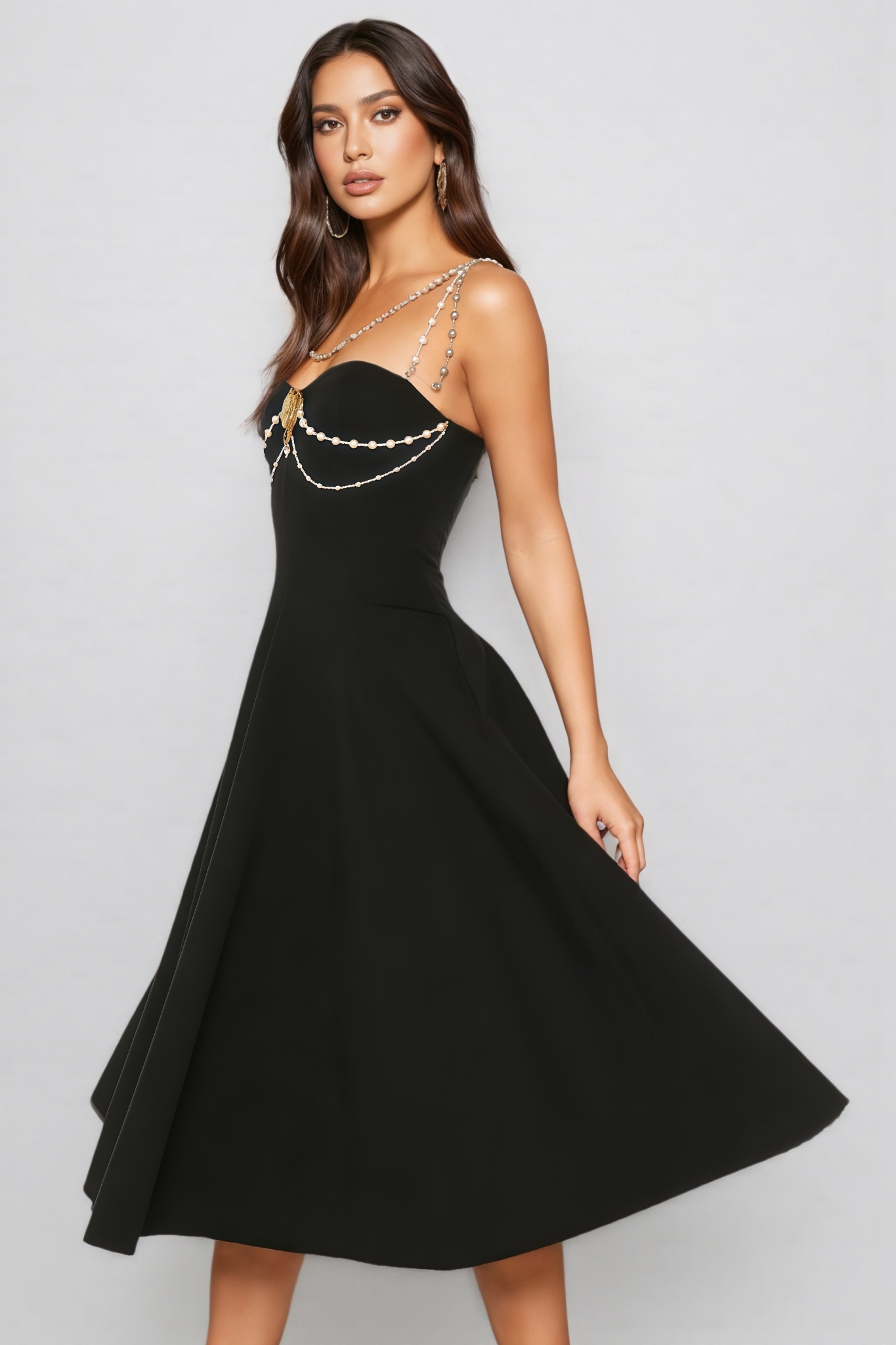 Esbern Black Pearl Chain Decor Midi Dress