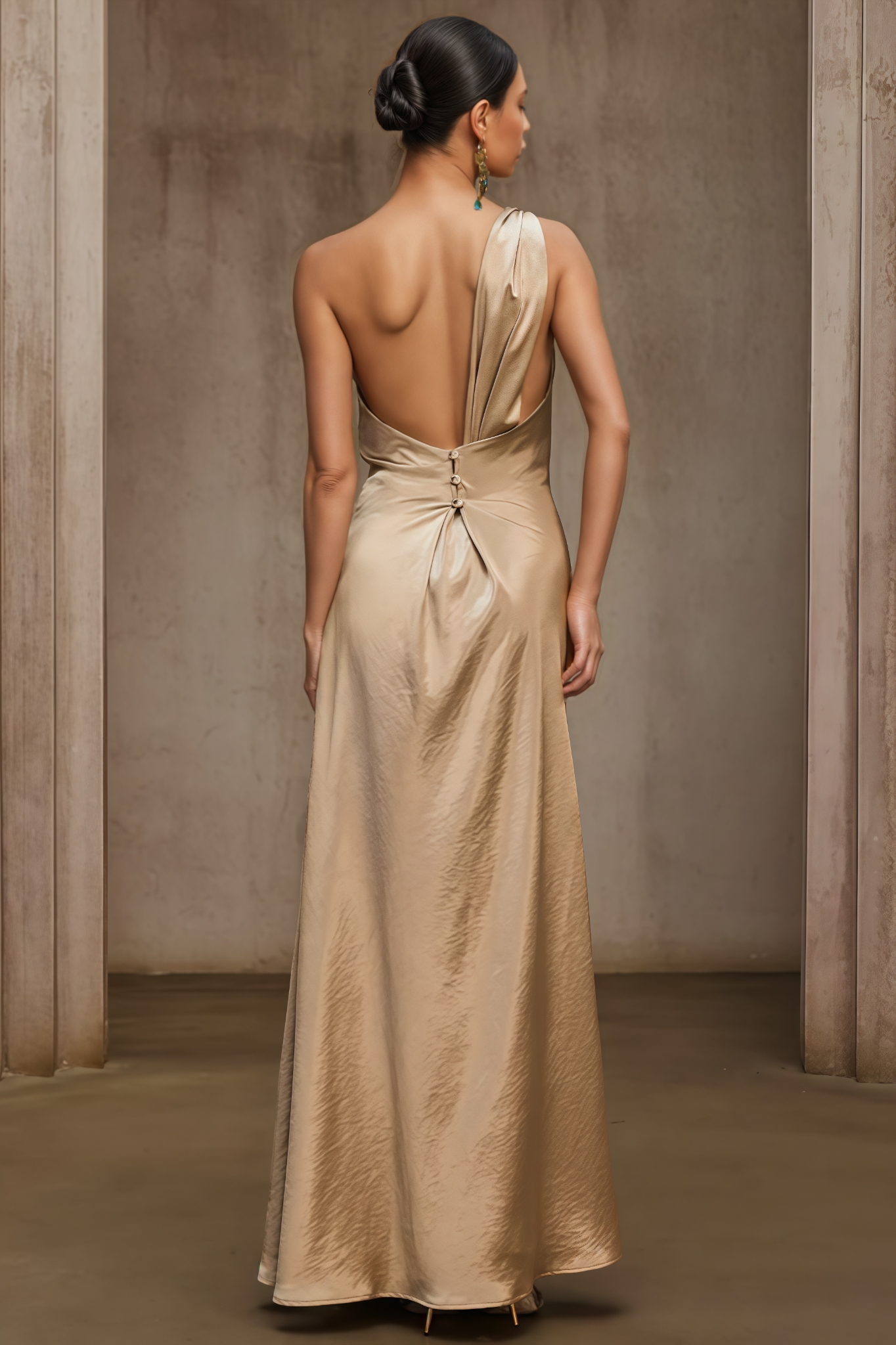 Ehrase Gold One Shoulder Maxi Dress