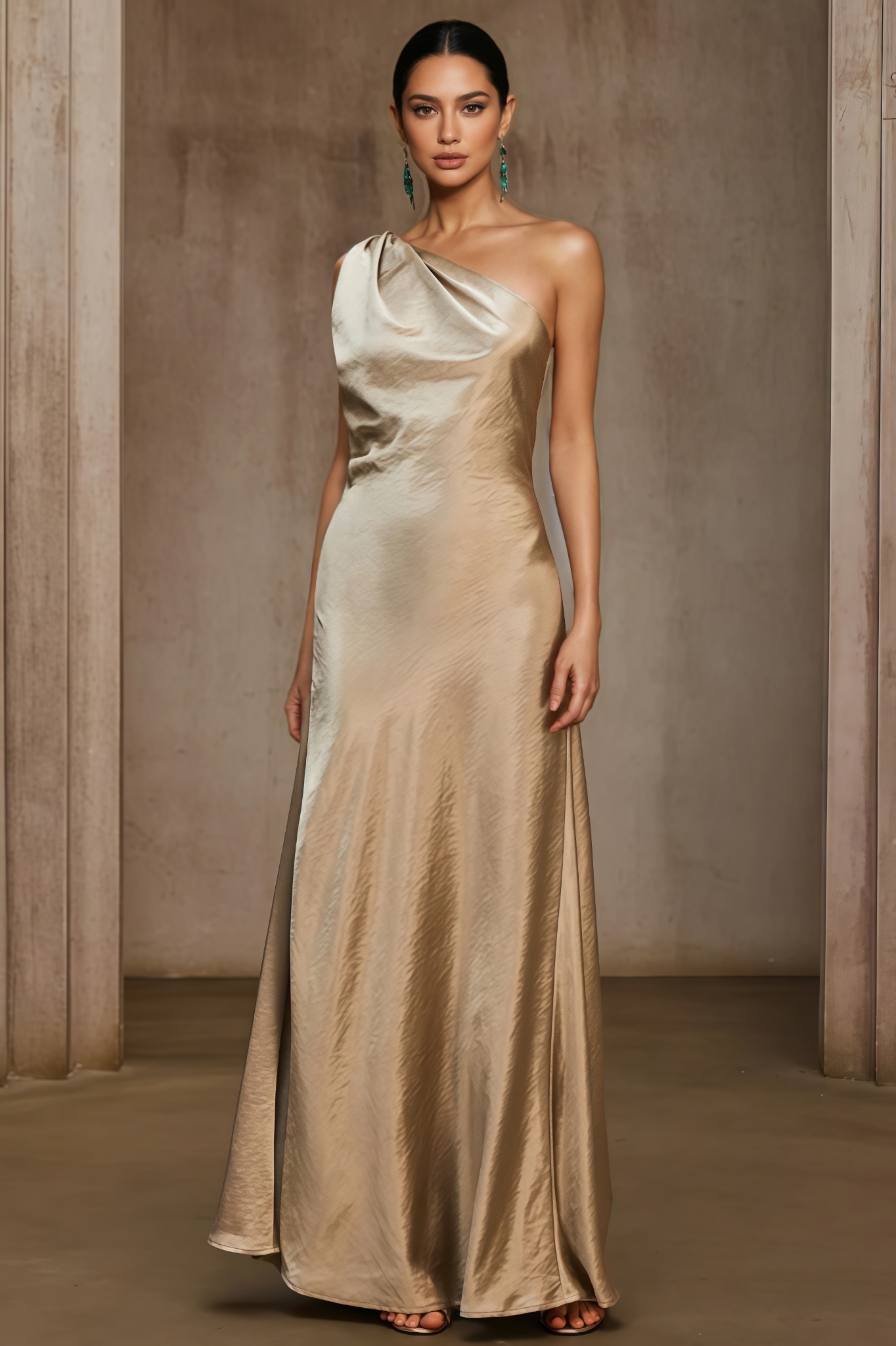 Ehrase Gold One Shoulder Maxi Dress