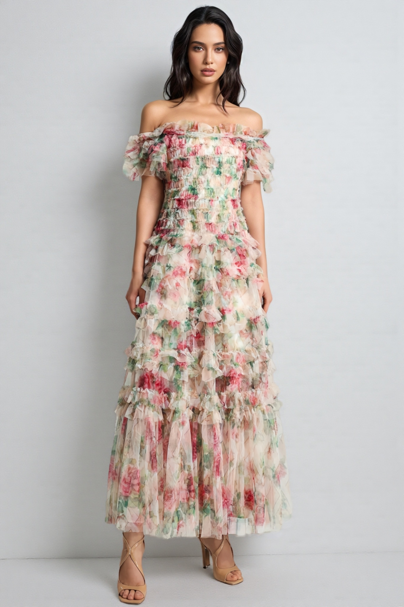 Sina Floral Strapless Mesh Maxi Dress
