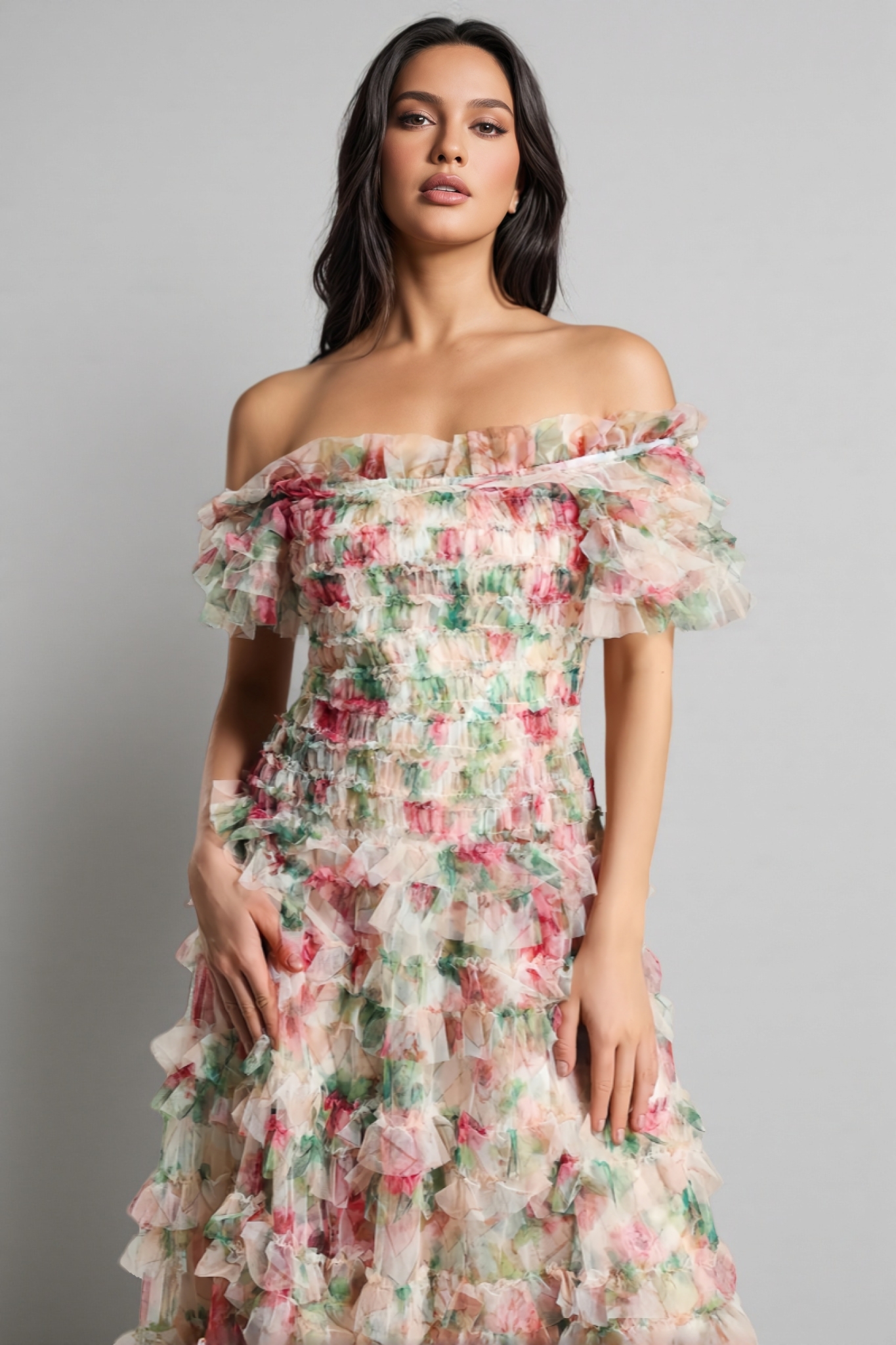 Sina Floral Strapless Mesh Maxi Dress