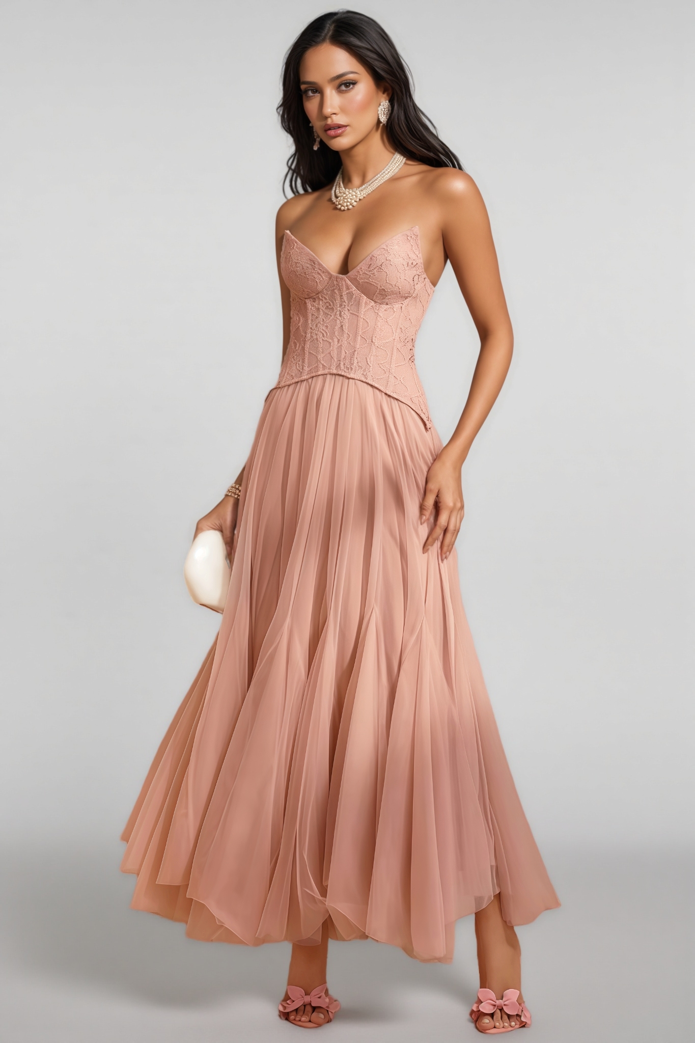 Nhucha Strapless Lace Mesh Maxi Dress