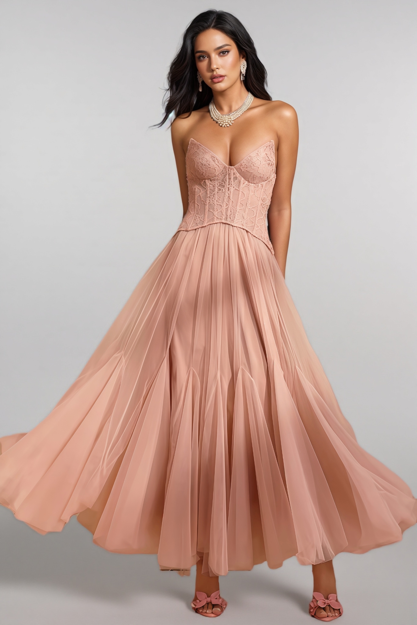 Nhucha Strapless Lace Mesh Maxi Dress