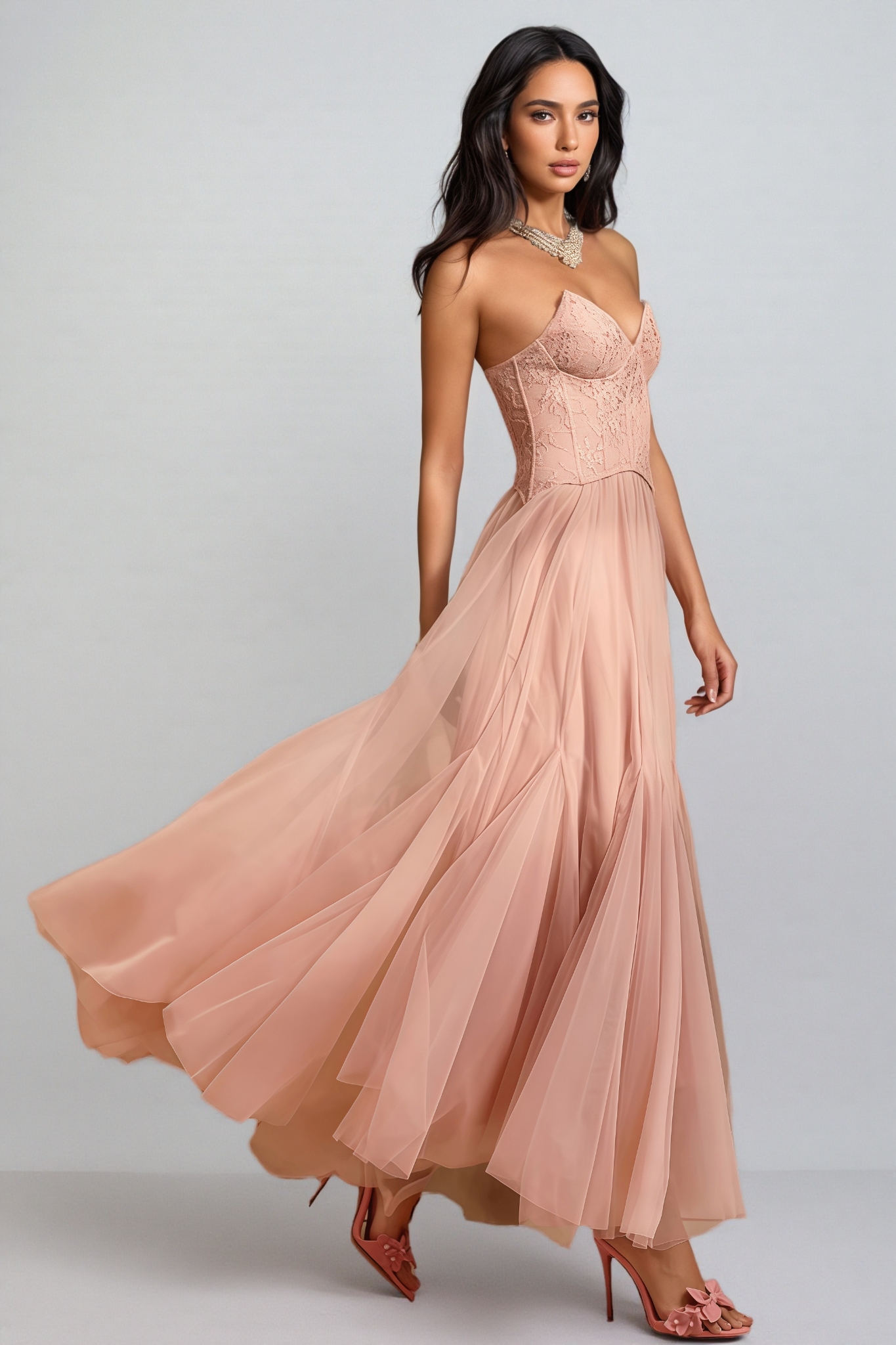 Nhucha Strapless Lace Mesh Maxi Dress