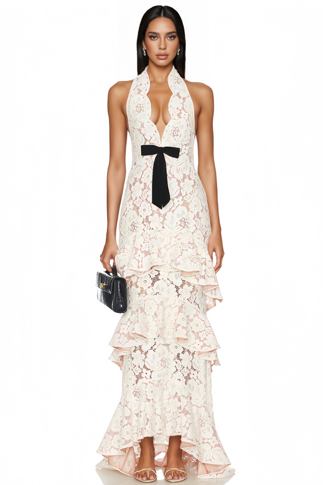 Gyras White Halter Neck Lace Maxi Dress