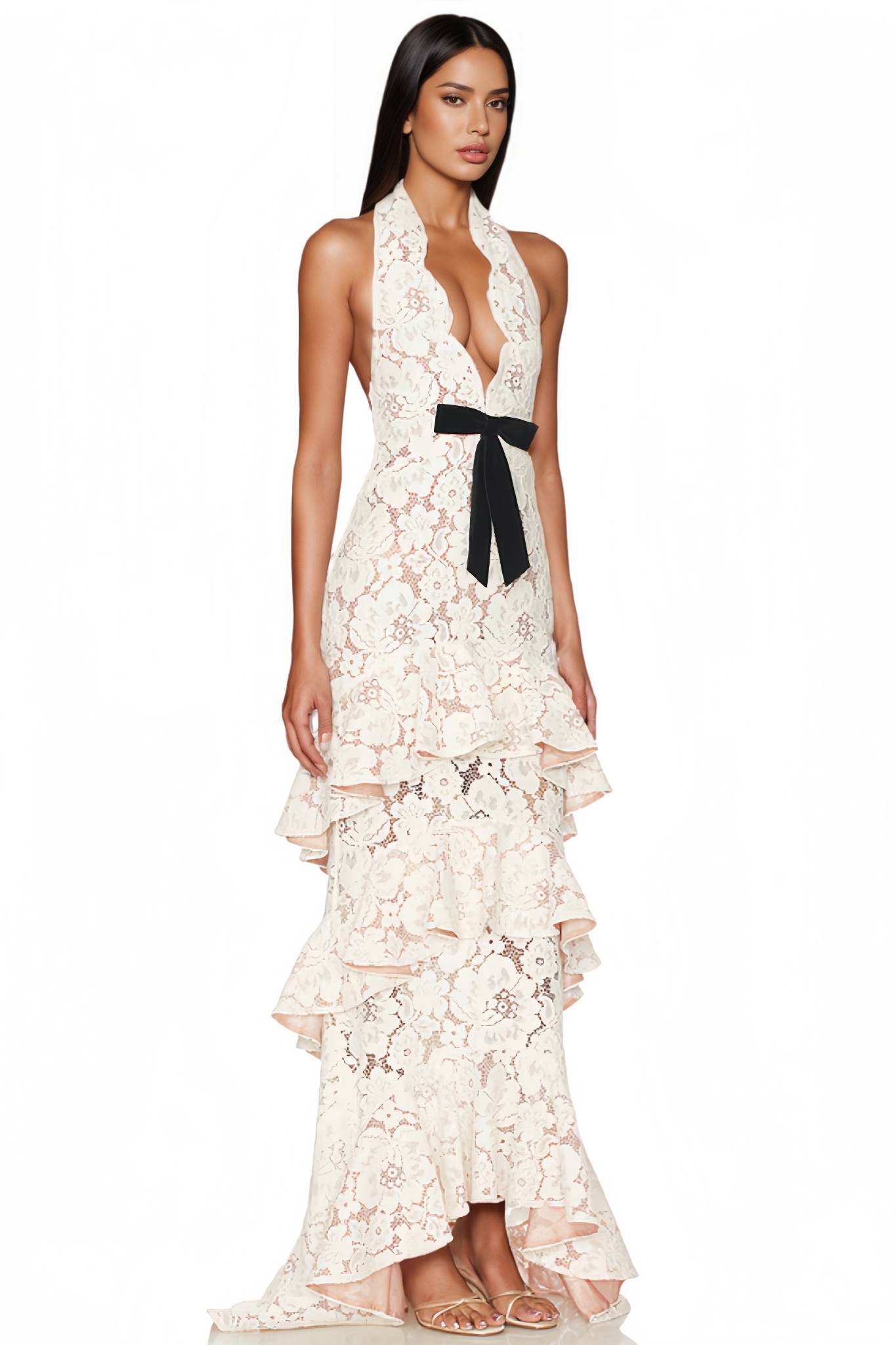 Gyras White Halter Neck Lace Maxi Dress