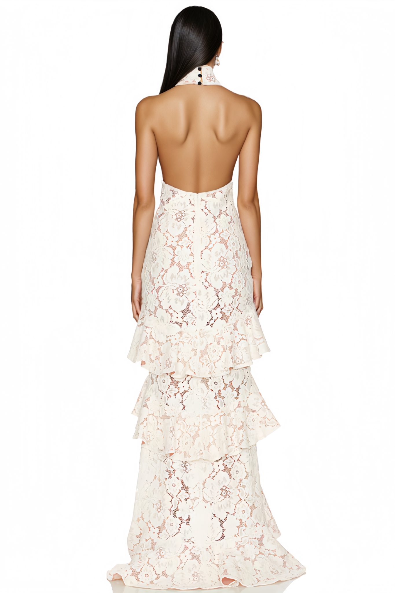 Gyras White Halter Neck Lace Maxi Dress