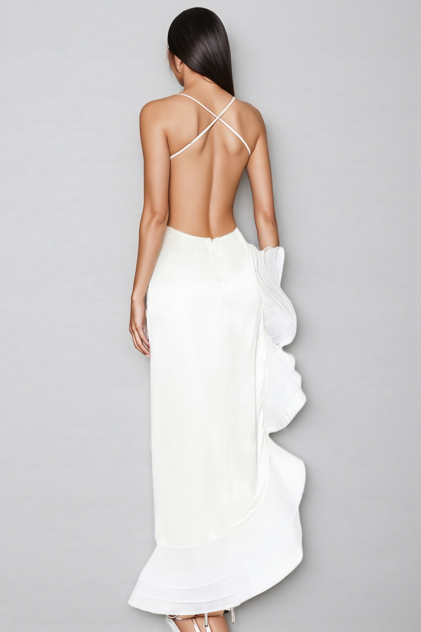 Valelk White Halter Ruffle Maxi Dress