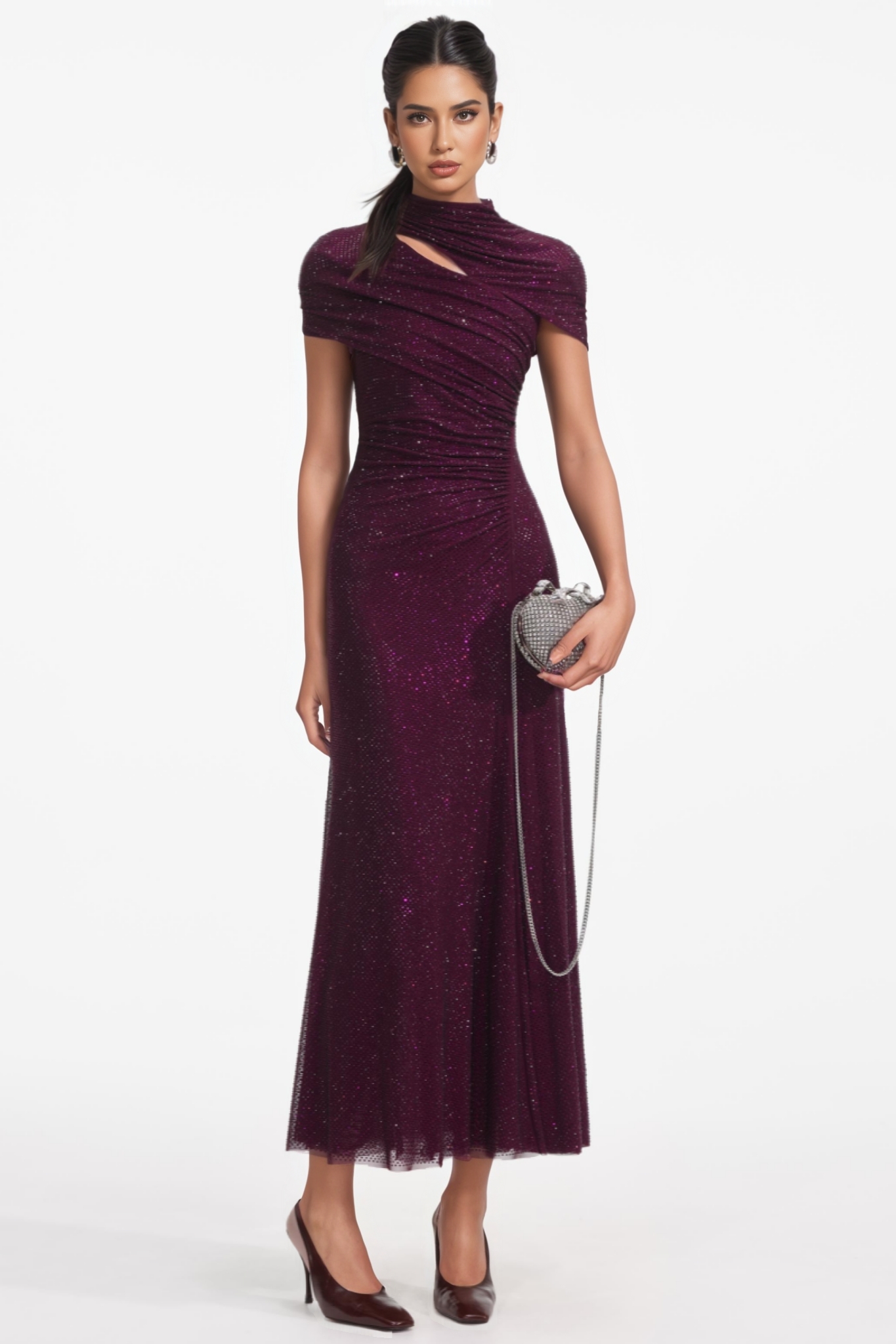 Sorend Red Rhinestone Mesh Cut Out Midi Dress