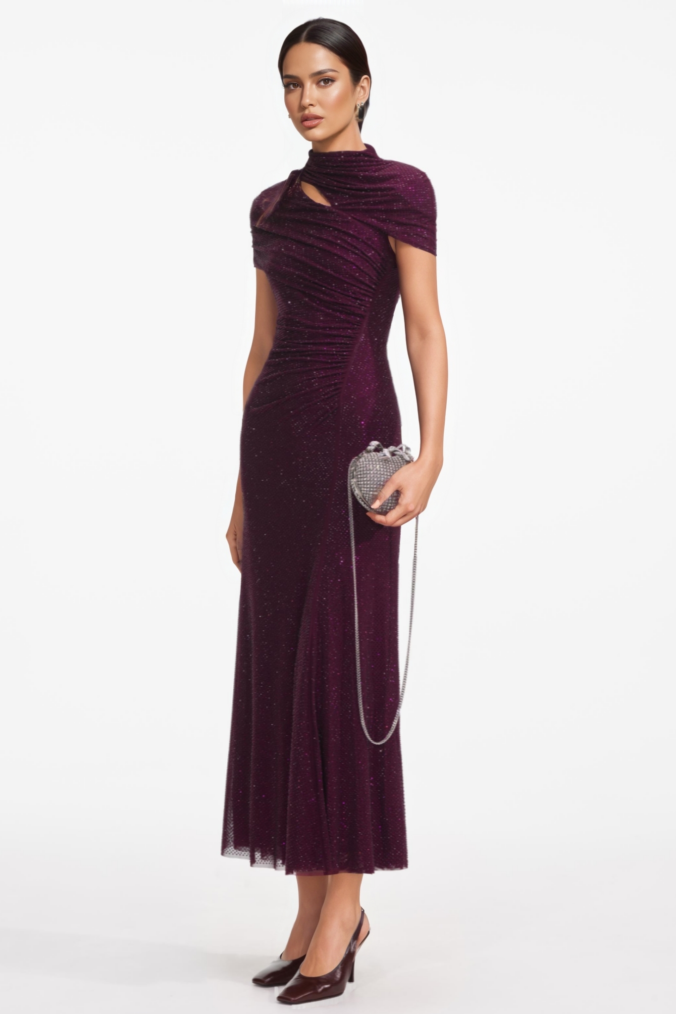 Sorend Red Rhinestone Mesh Cut Out Midi Dress