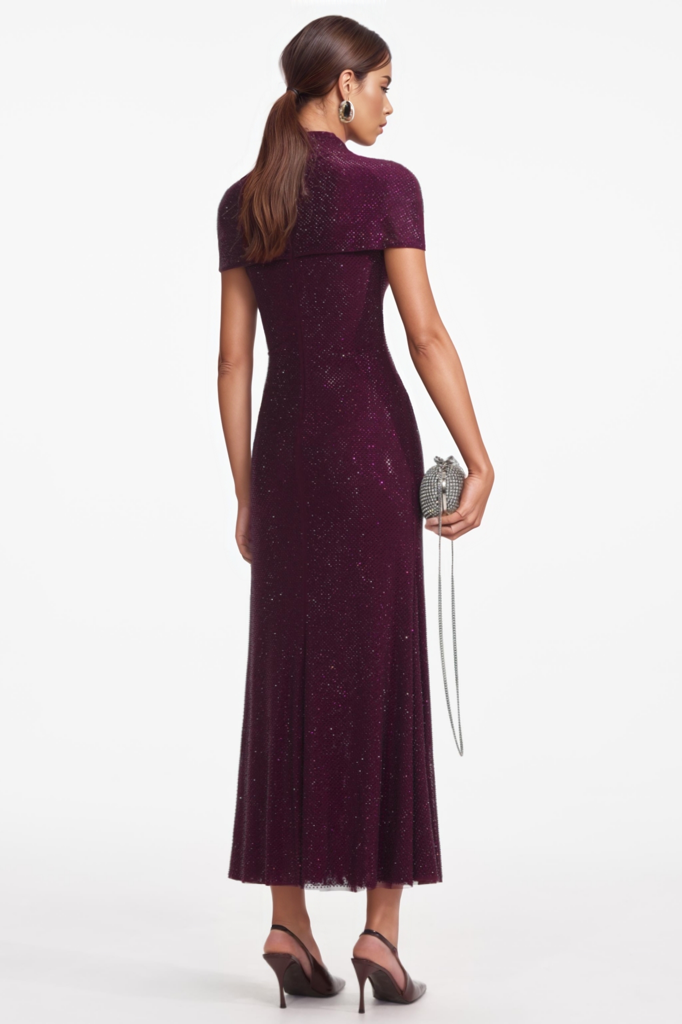 Sorend Red Rhinestone Mesh Cut Out Midi Dress