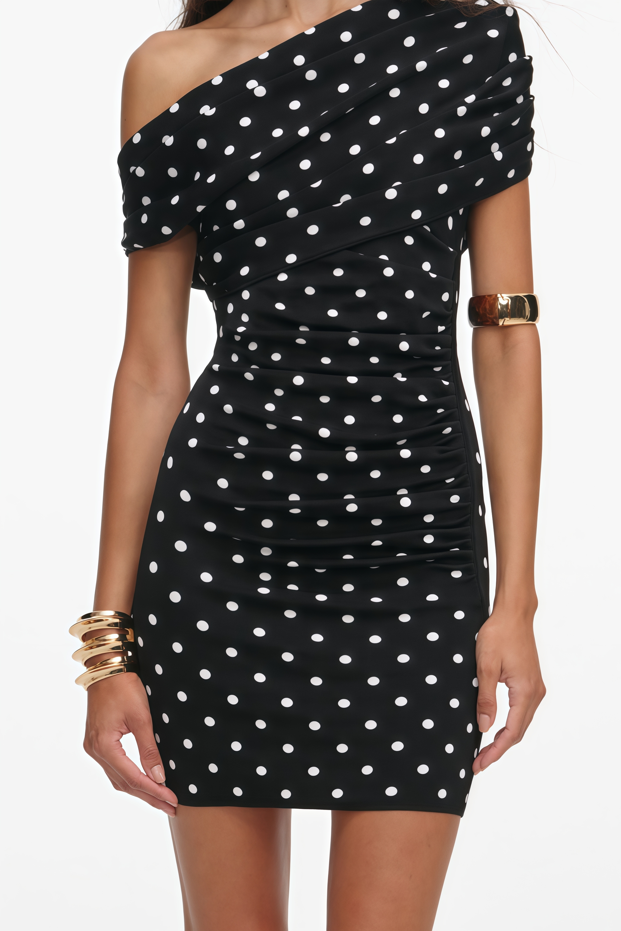 Merlan Black Dot Draped Knit Mini Dress