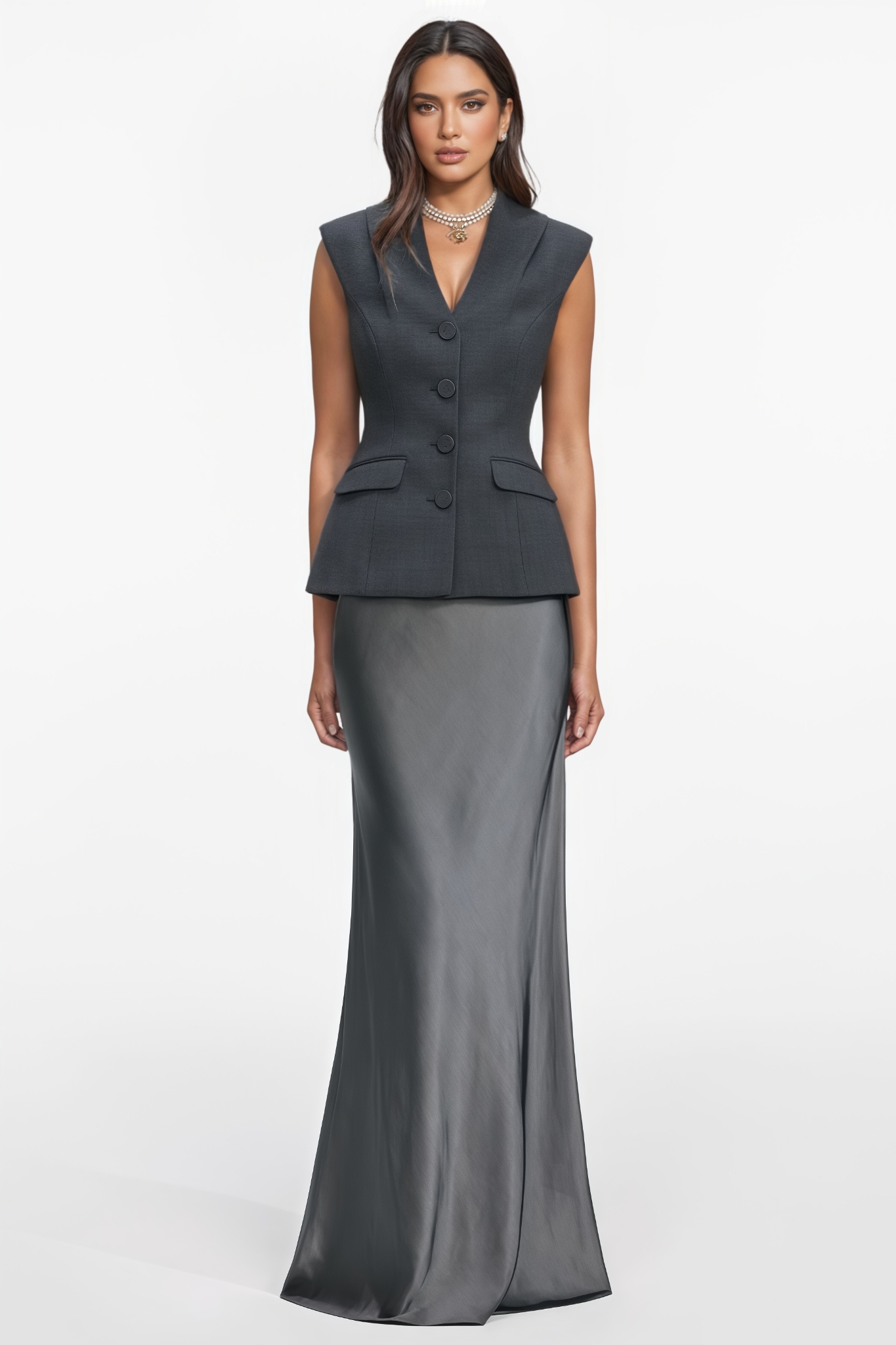 EIant Gray Blazer Satin Maxi Dress Set
