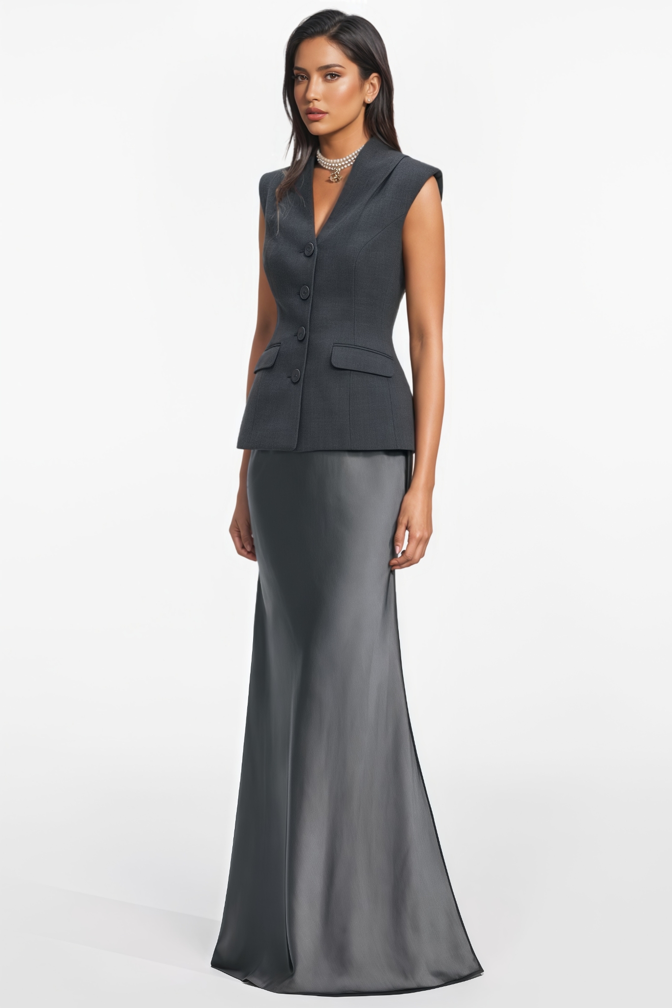 EIant Gray Blazer Satin Maxi Dress Set
