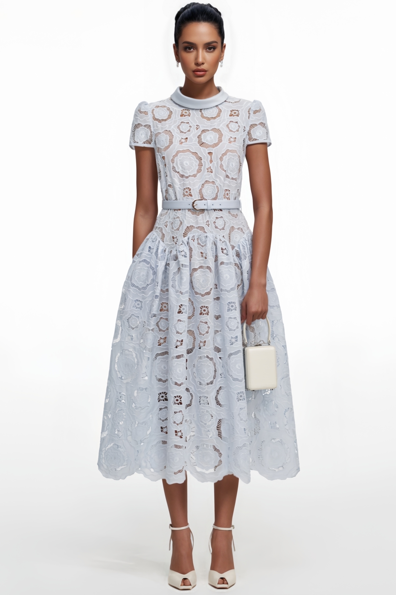 Ulandt Blue Cut Out Floral Lace Midi Dress
