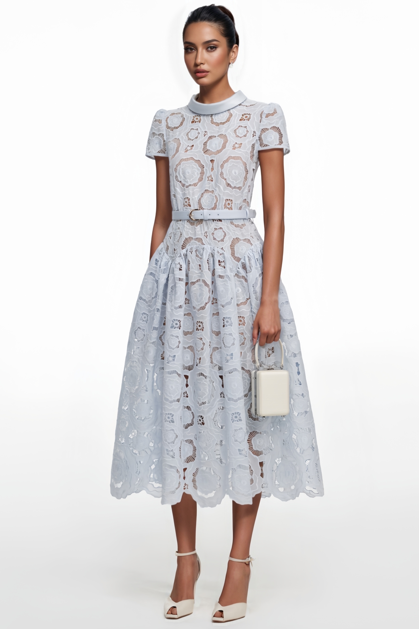 Ulandt Blue Cut Out Floral Lace Midi Dress