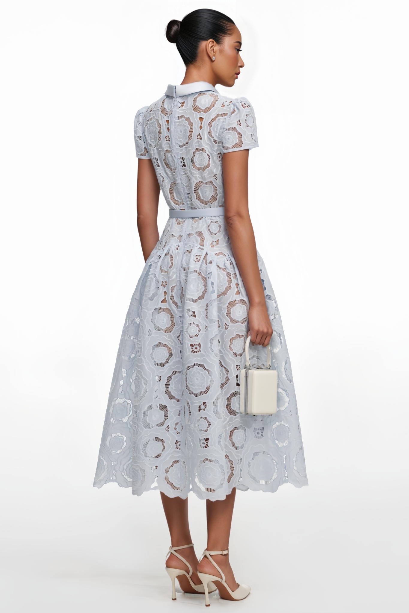 Ulandt Blue Cut Out Floral Lace Midi Dress