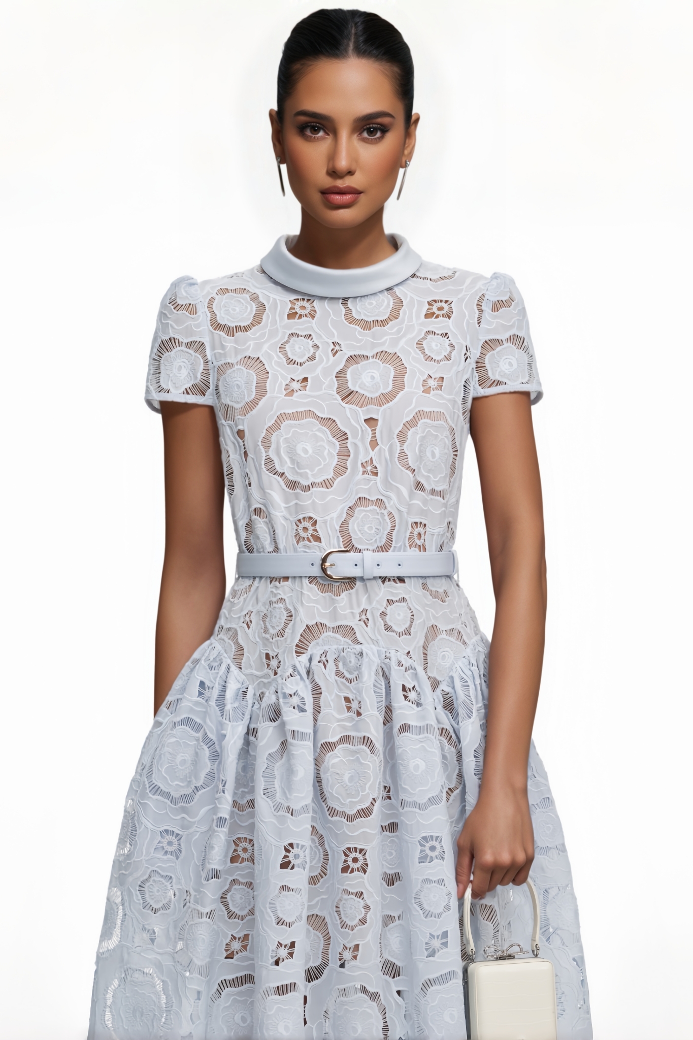 Ulandt Blue Cut Out Floral Lace Midi Dress