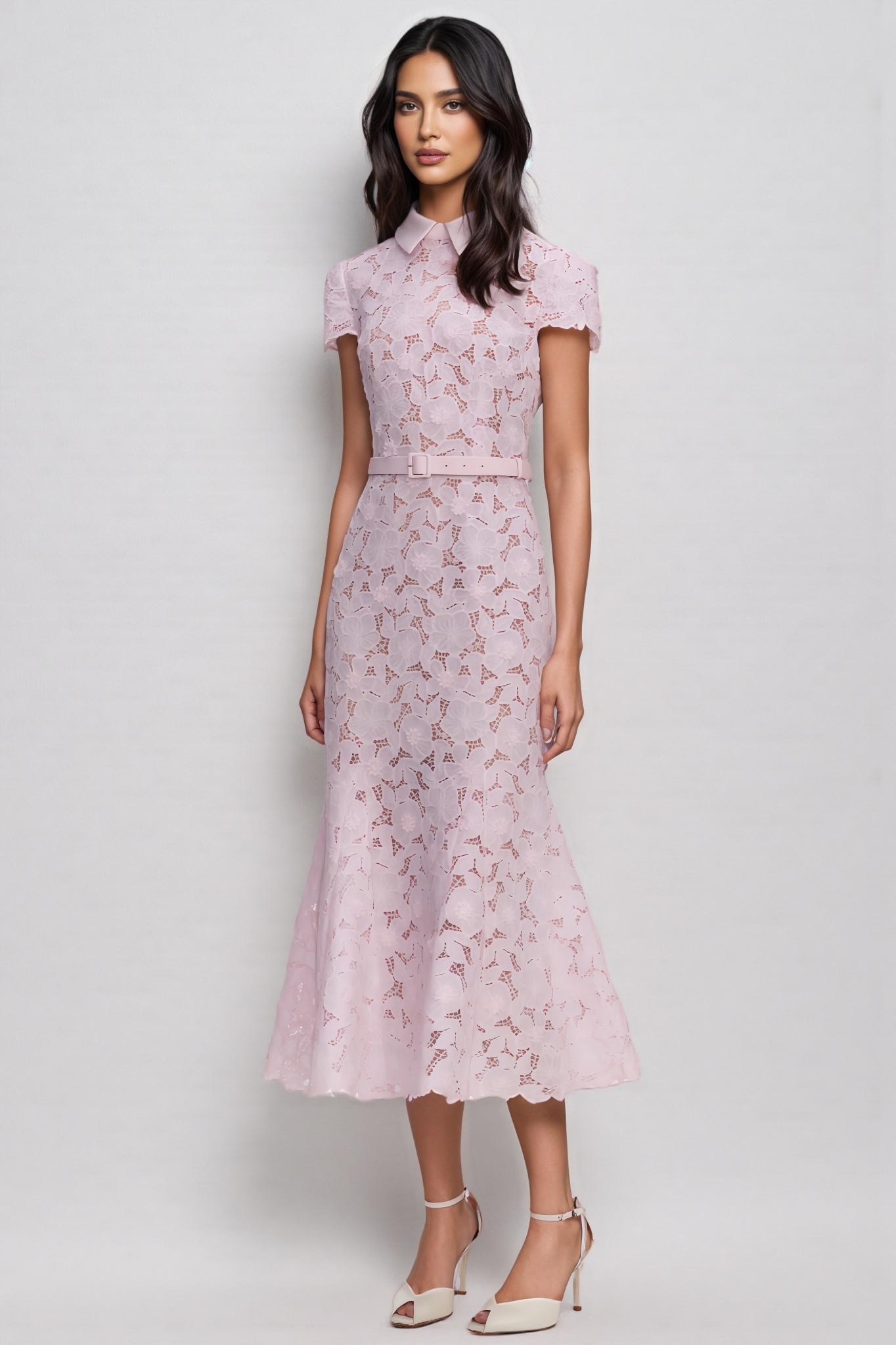 Naomi Pink Lace Floral Midi Dress