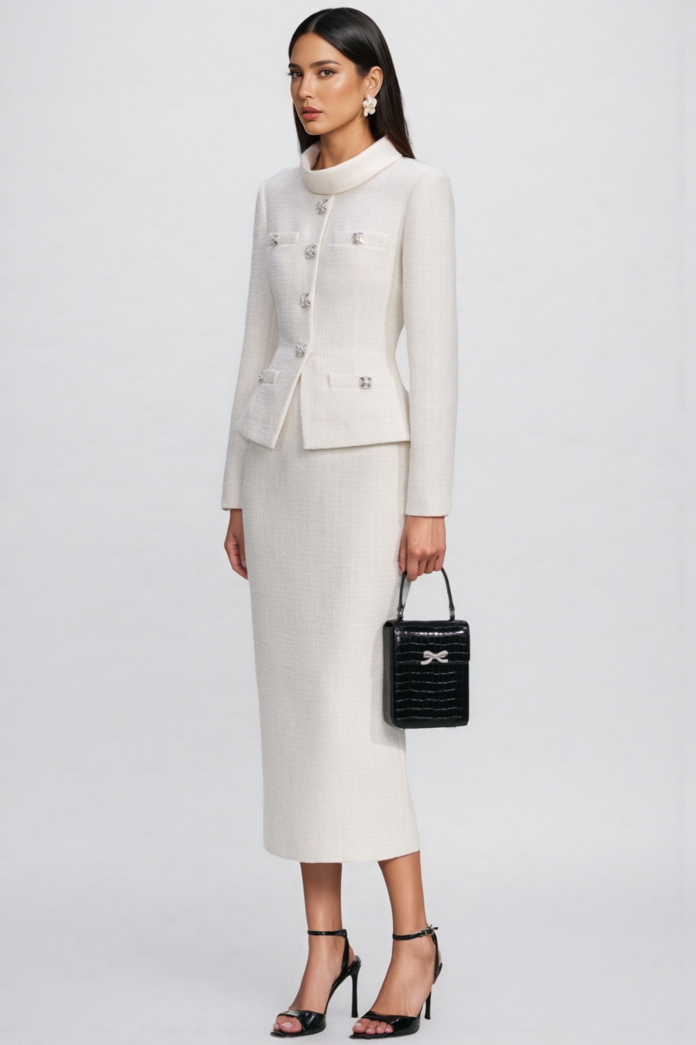 Melisande White Rhinestone Slit Midi Dress Set