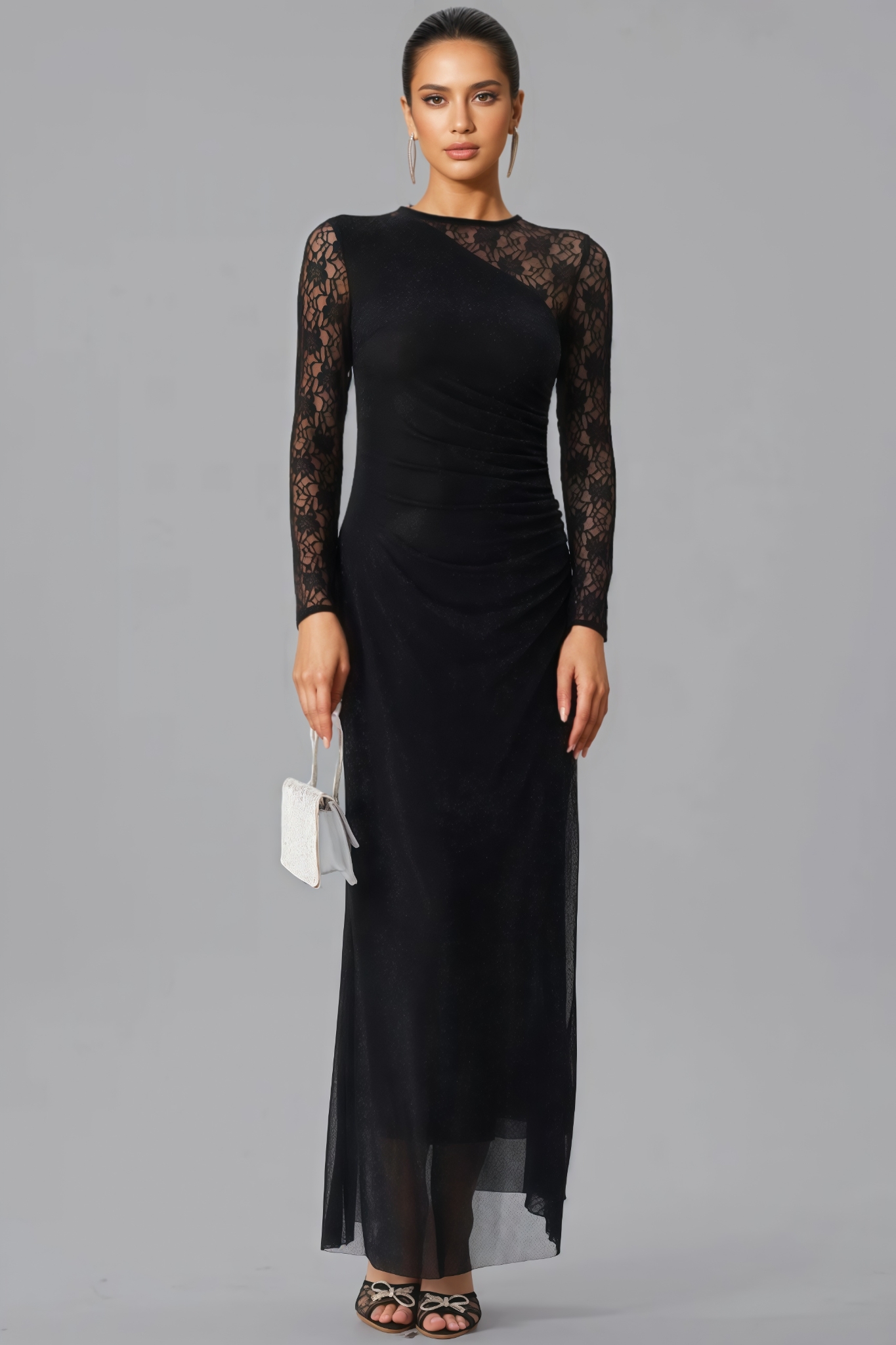 Roline Black Rhinestone Lace Split Maxi Dress 