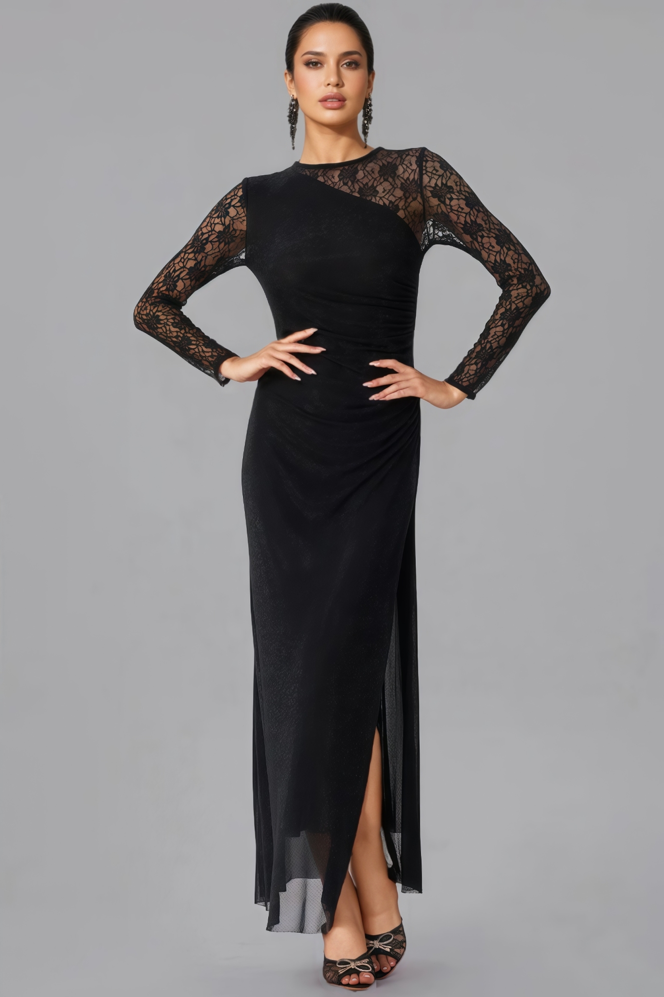 Roline Black Rhinestone Lace Split Maxi Dress 
