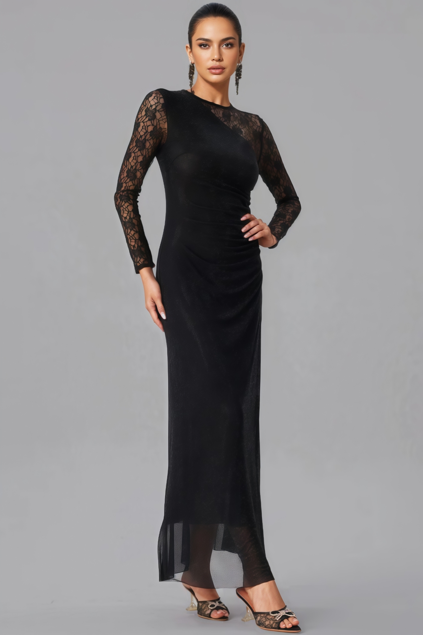 Roline Black Rhinestone Lace Split Maxi Dress 