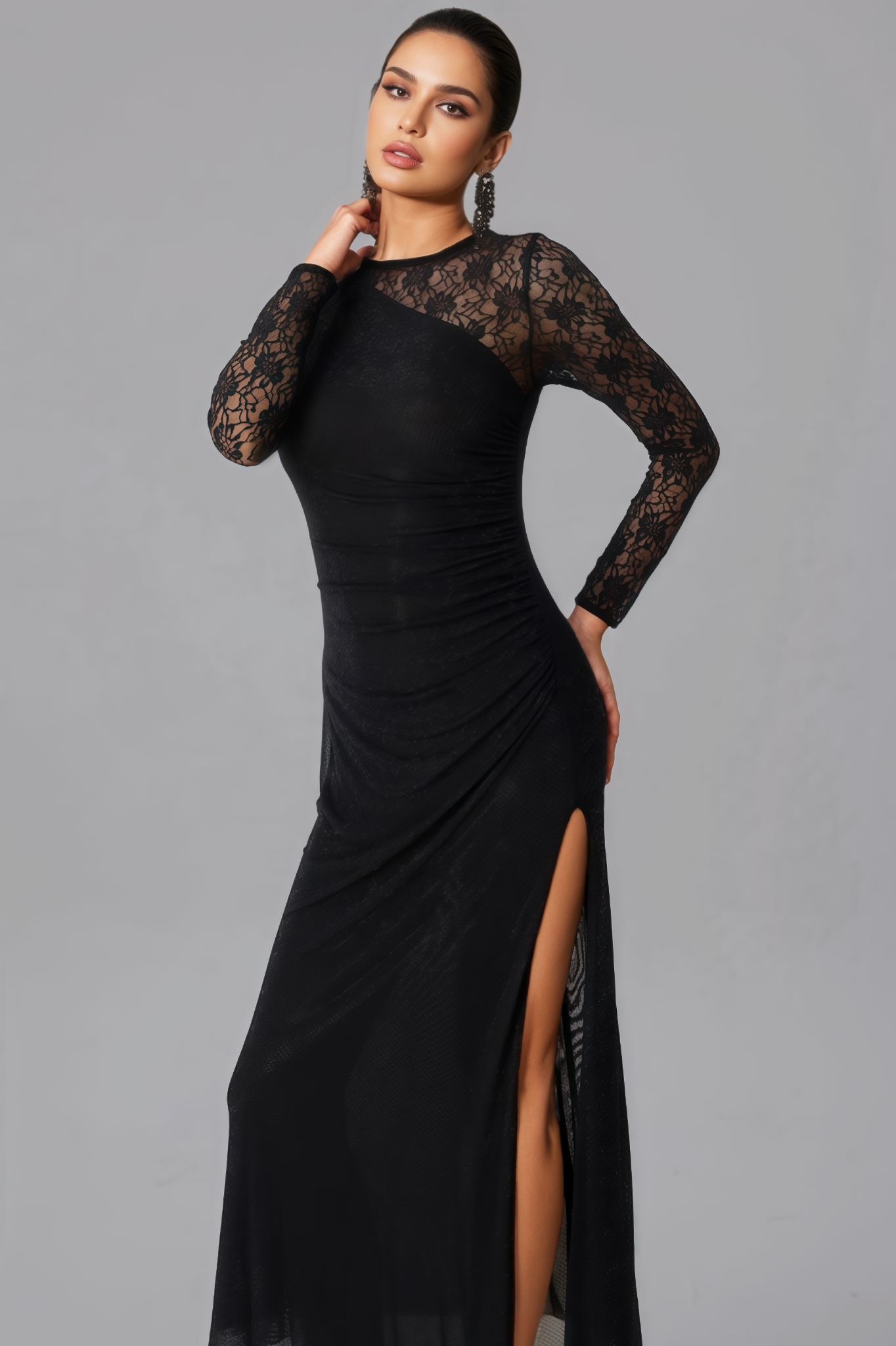 Roline Black Rhinestone Lace Split Maxi Dress 