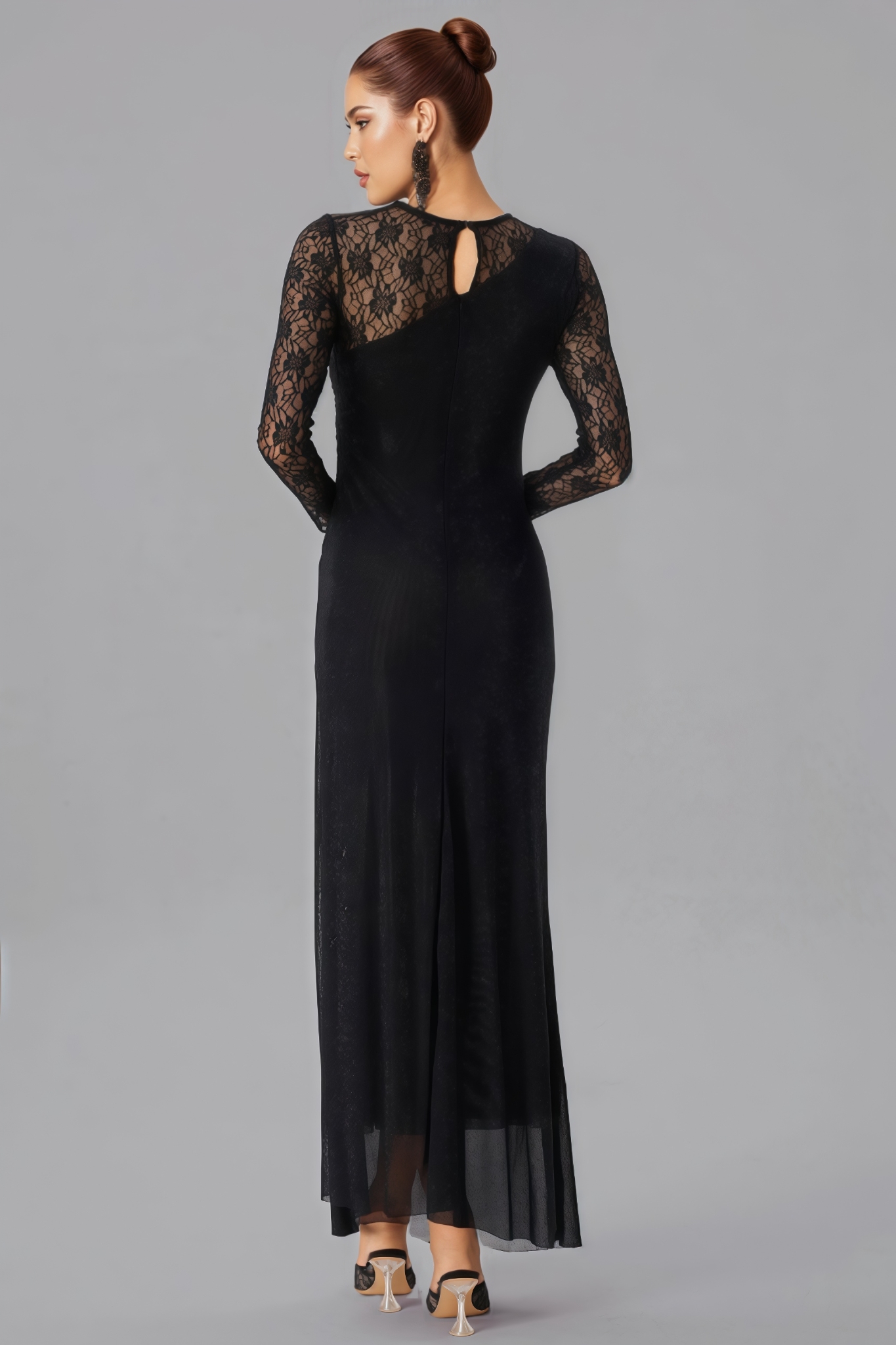Roline Black Rhinestone Lace Split Maxi Dress 