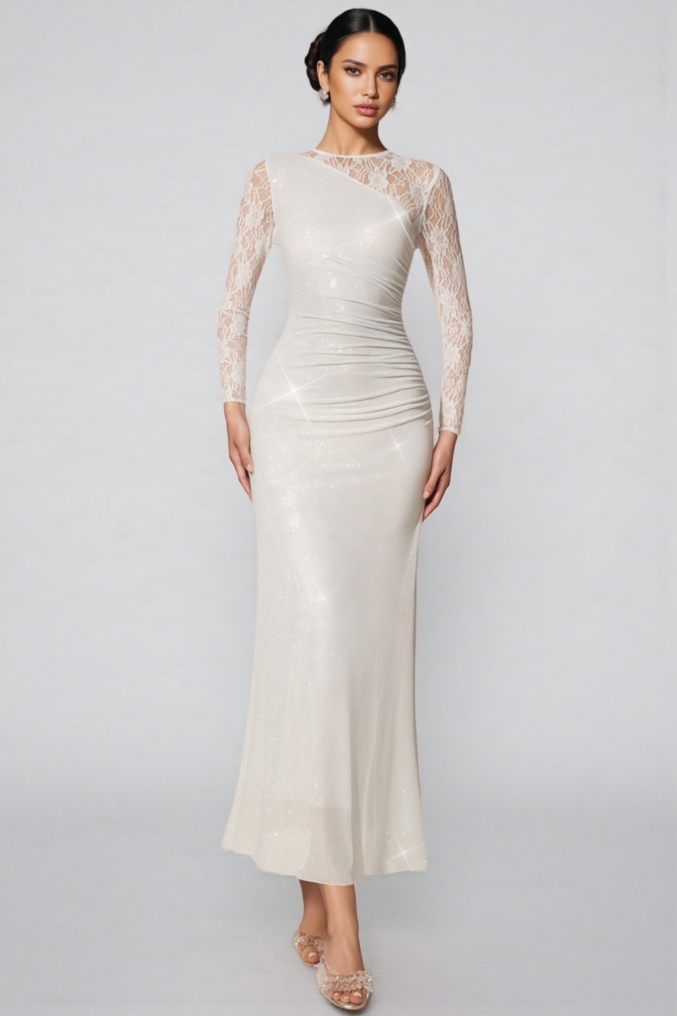 Ramla White Rhinestone Lace Split Maxi Dress