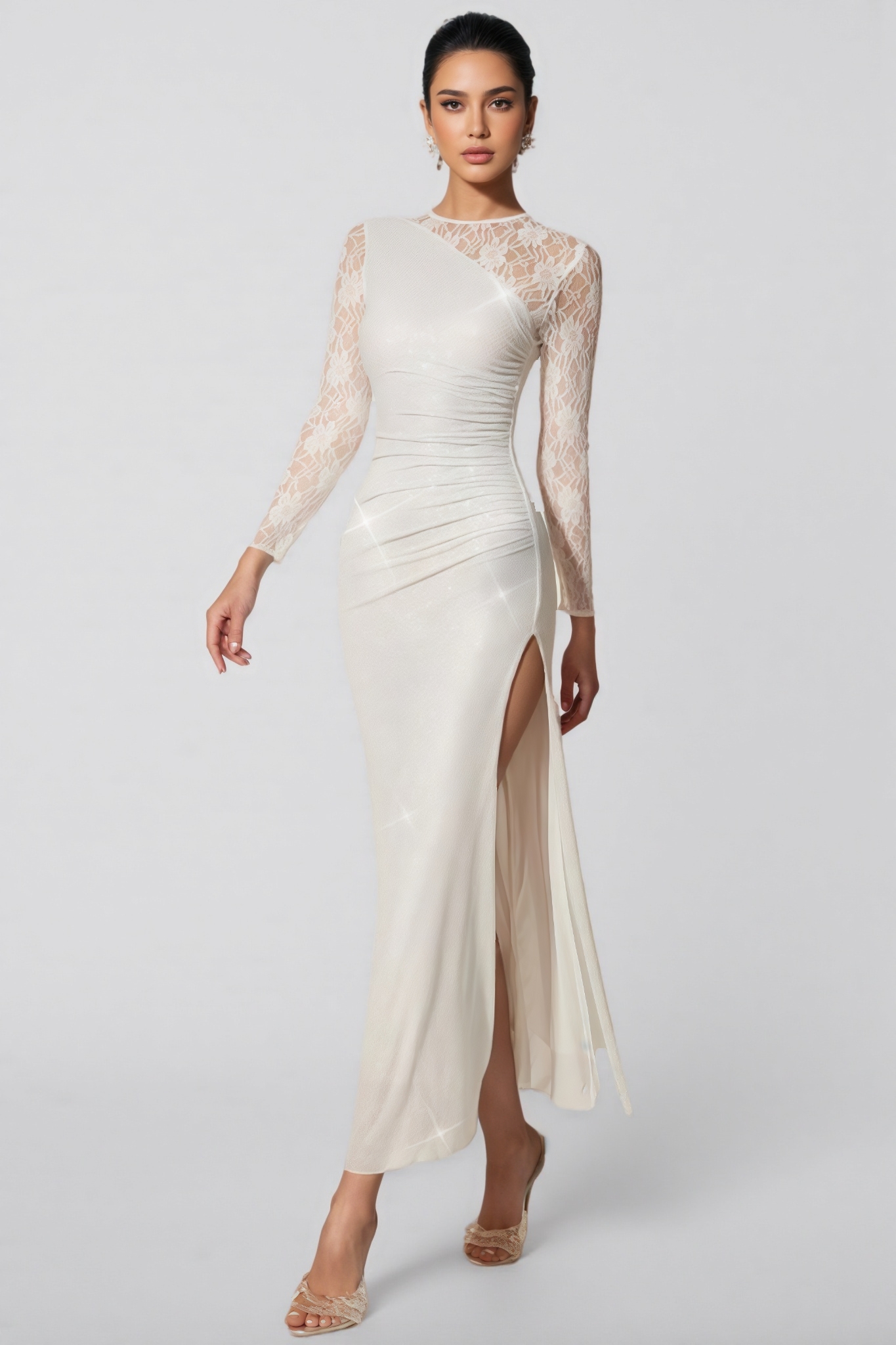 Ramla White Rhinestone Lace Split Maxi Dress