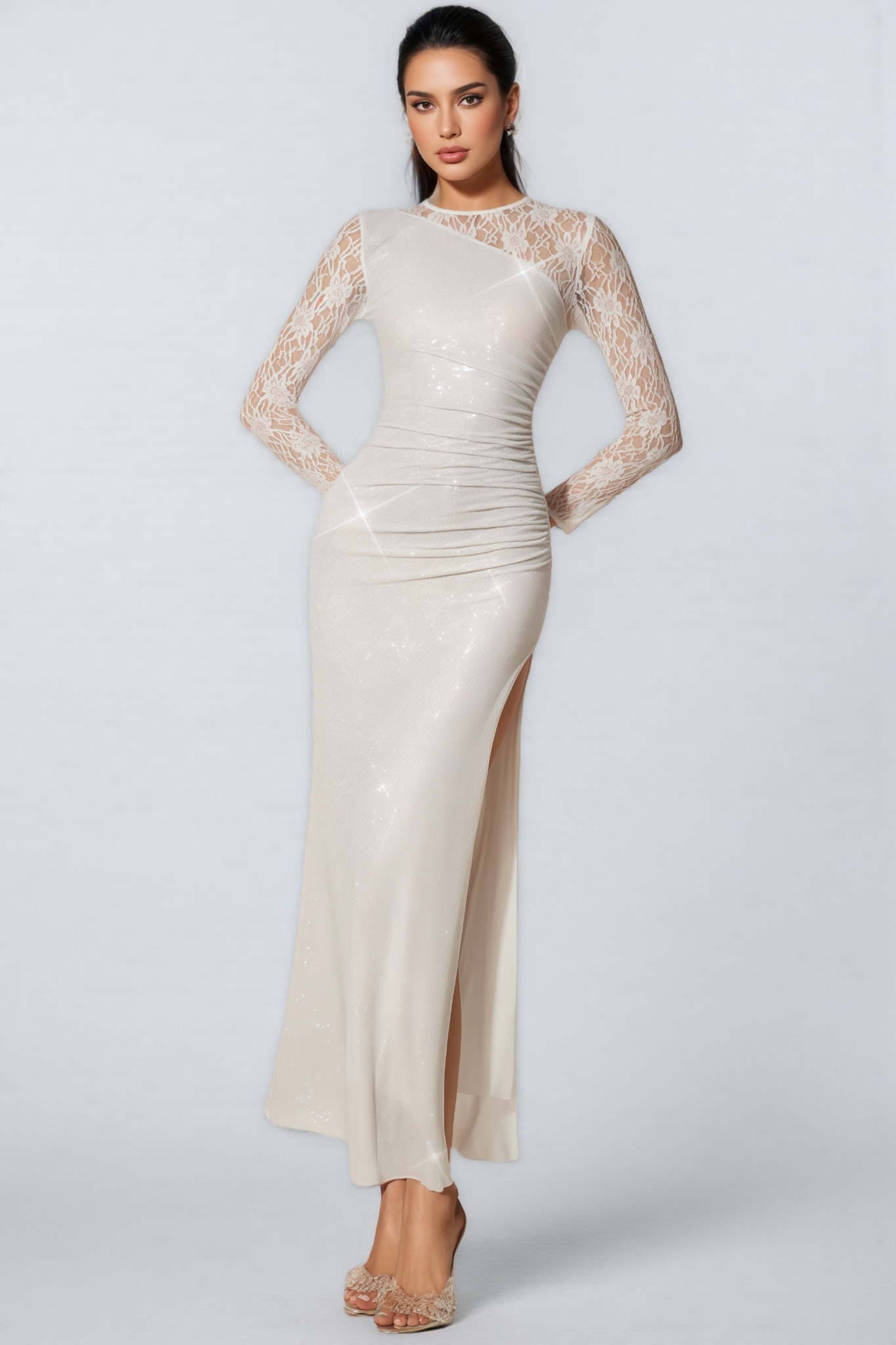 Ramla White Rhinestone Lace Split Maxi Dress