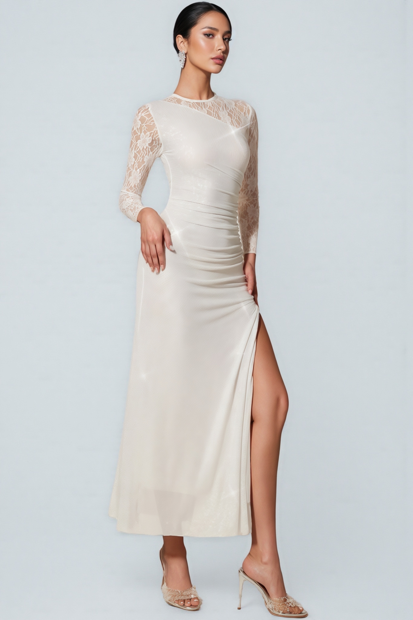 Ramla White Rhinestone Lace Split Maxi Dress