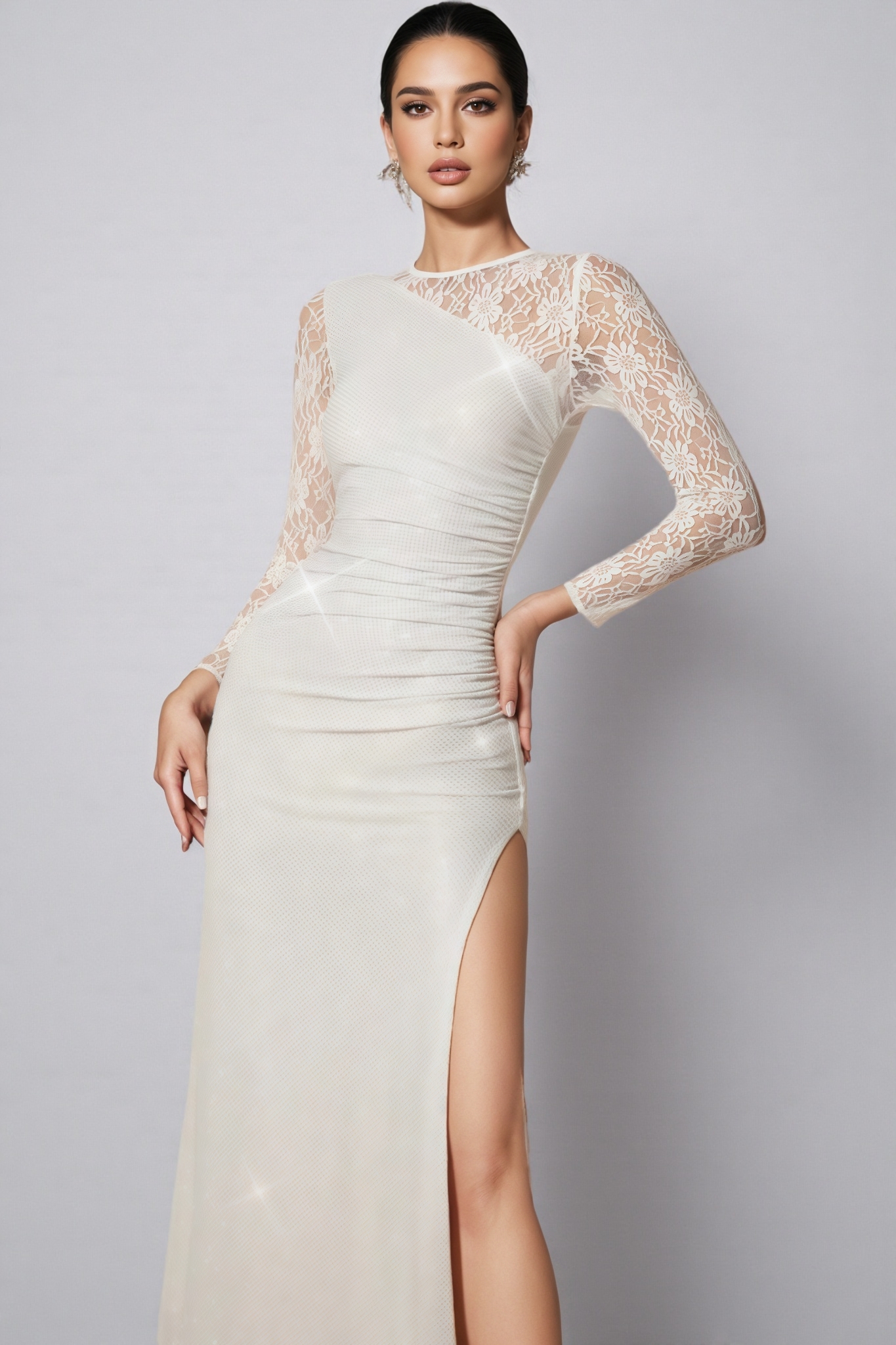Ramla White Rhinestone Lace Split Maxi Dress