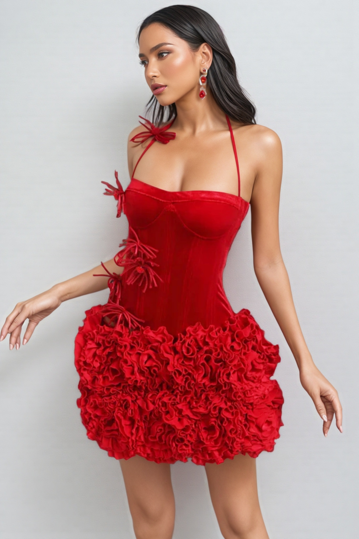 Marina Flower Velvet Ruched Mini Dress