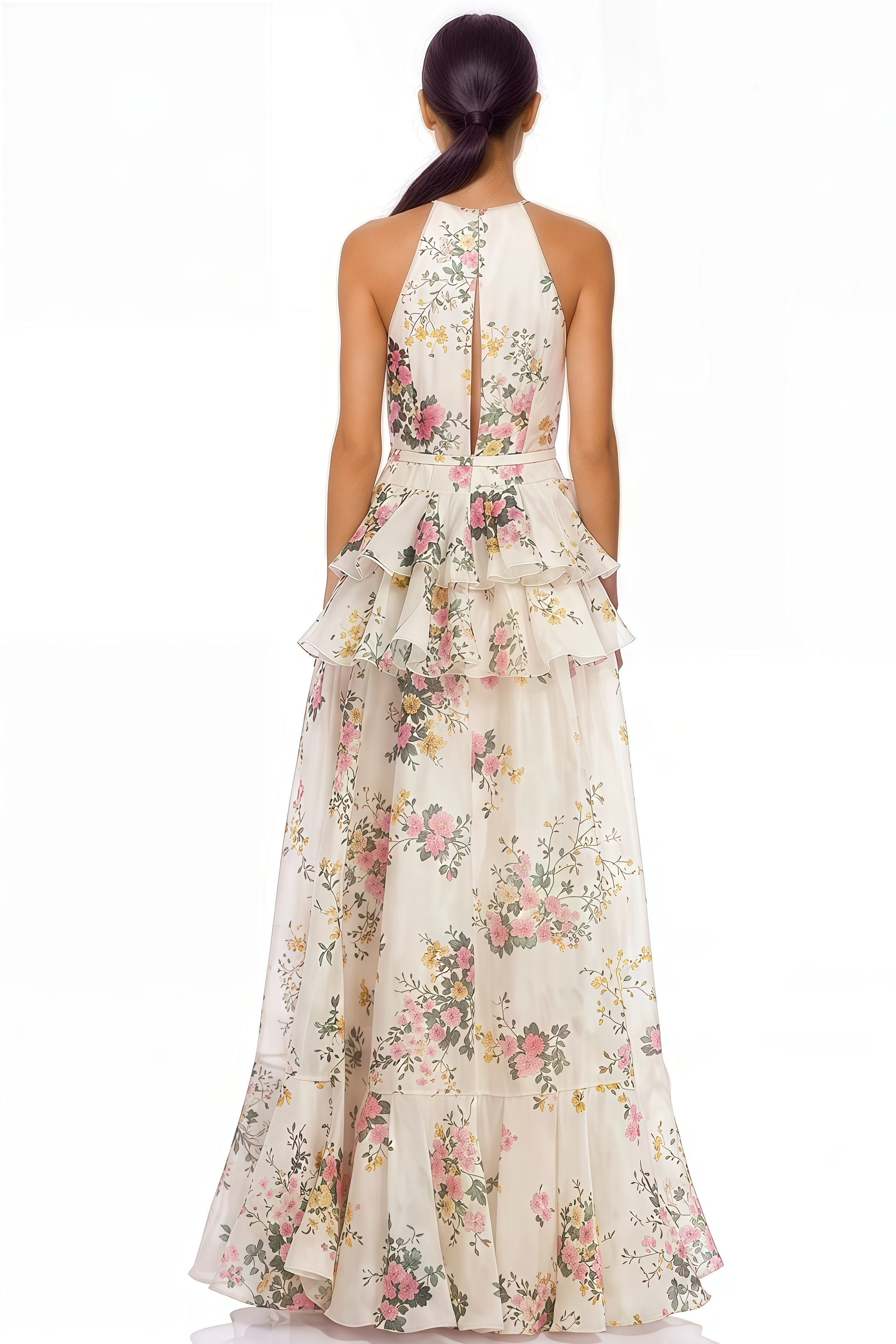 Fylem Beige Floral Print Tiered Maxi Dress