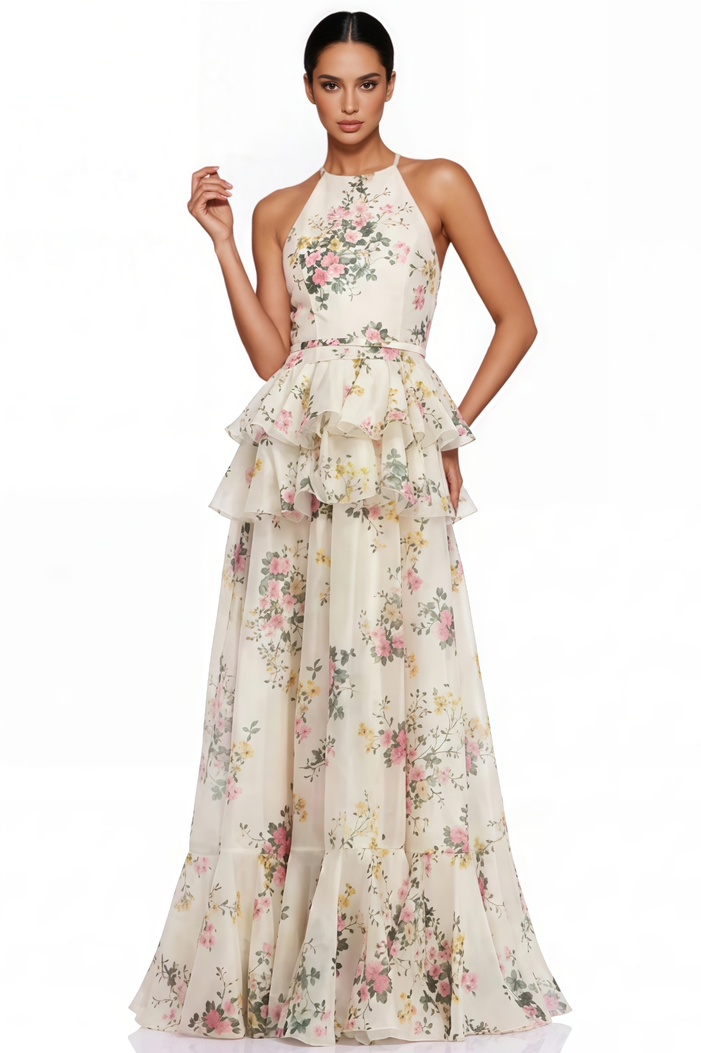 Fylem Beige Floral Print Tiered Maxi Dress