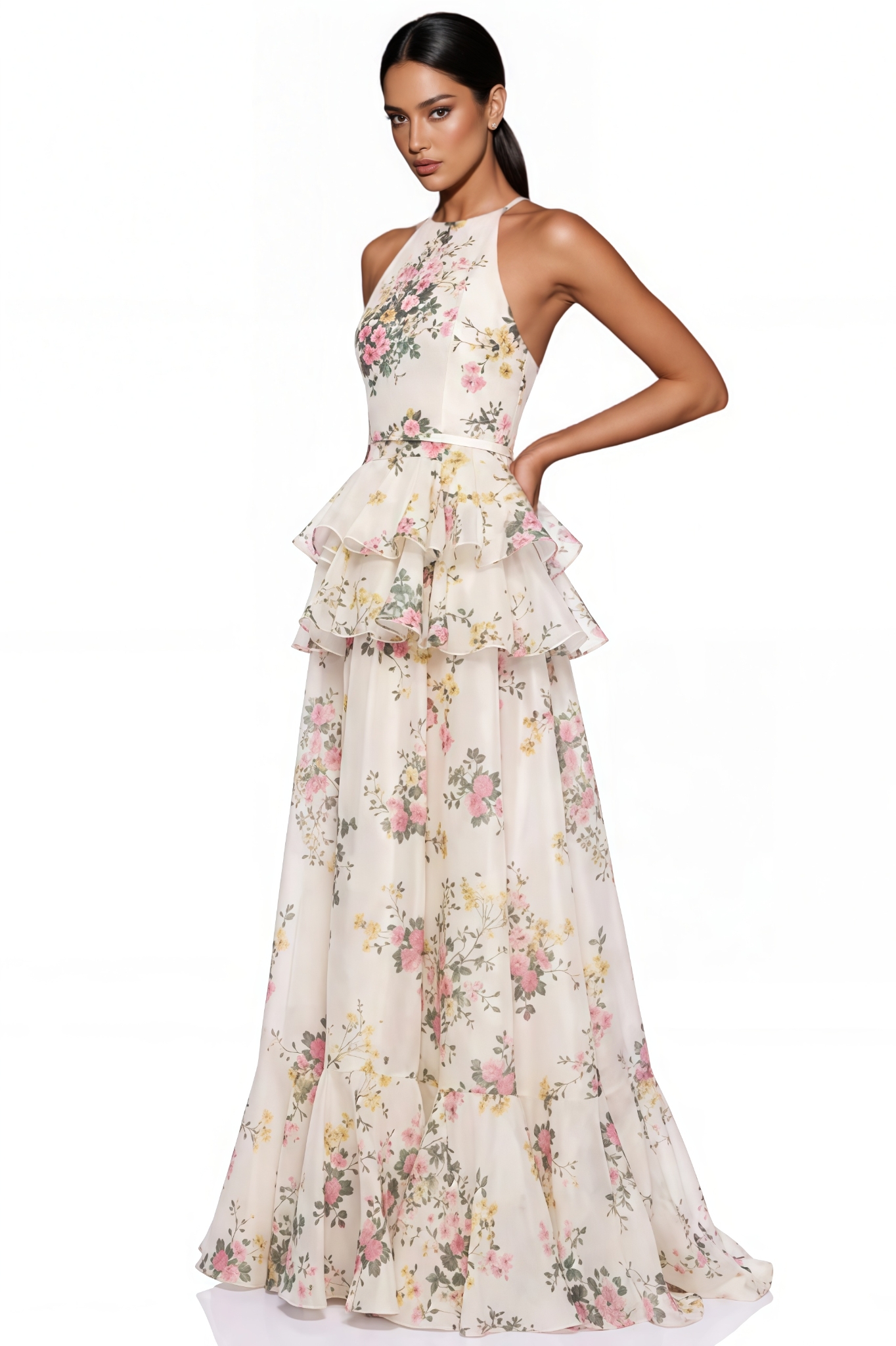 Fylem Beige Floral Print Tiered Maxi Dress