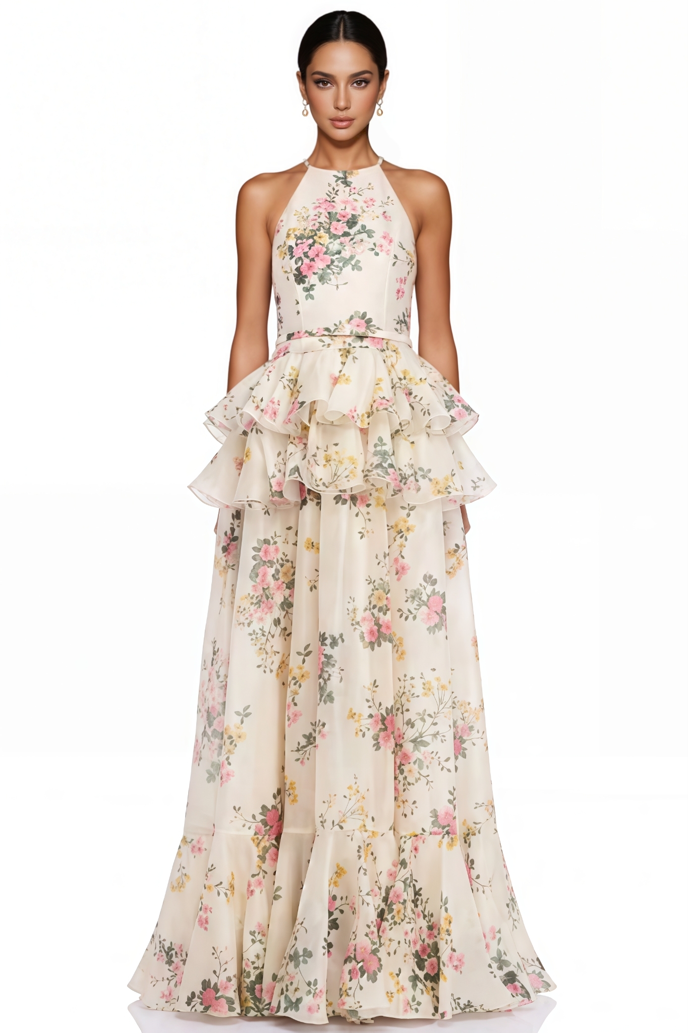 Fylem Beige Floral Print Tiered Maxi Dress