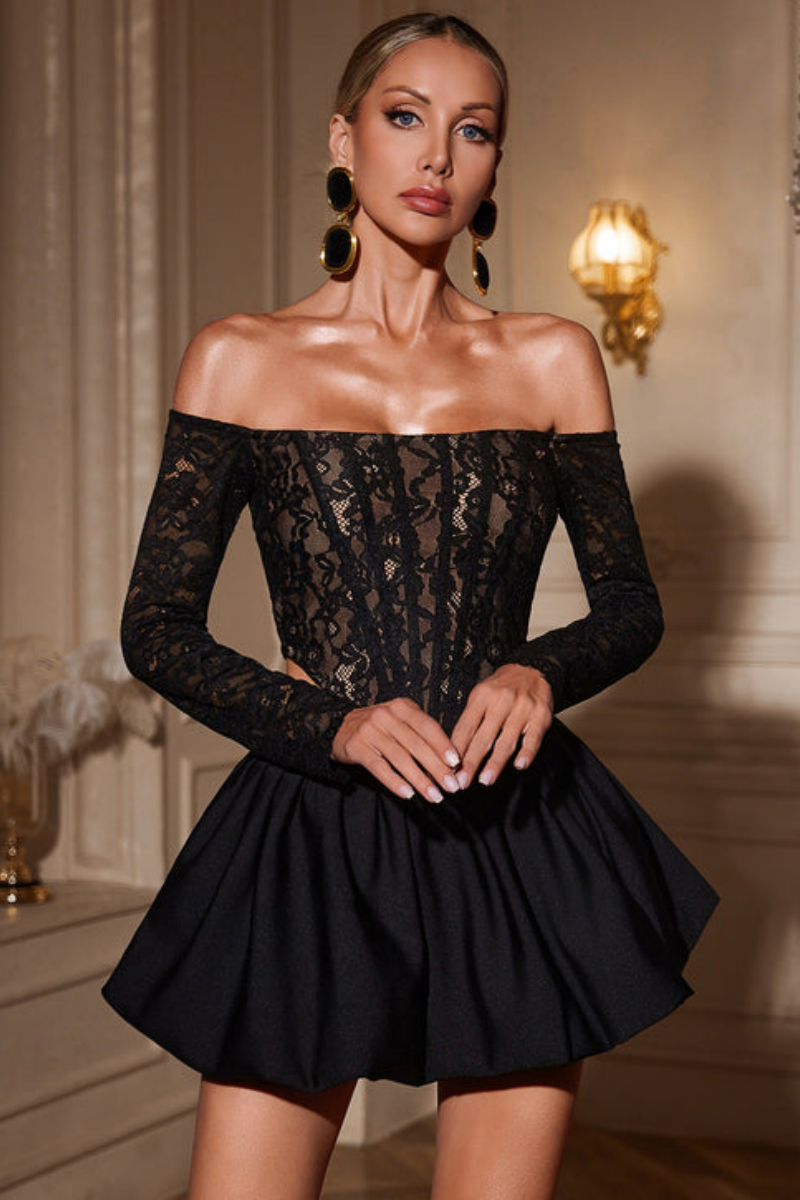 Sarn Off Shoulder Lace Bubble Mini Dress Set