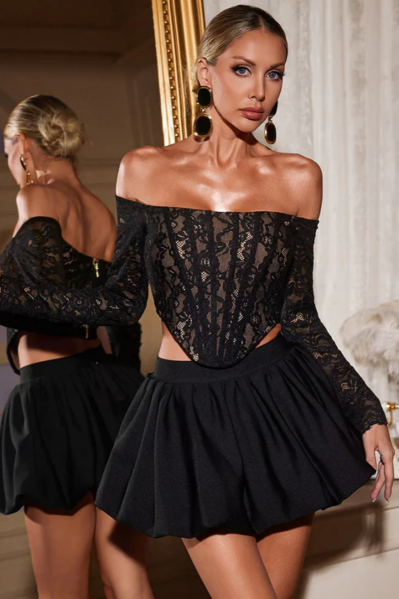 Sarn Off Shoulder Lace Bubble Mini Dress Set